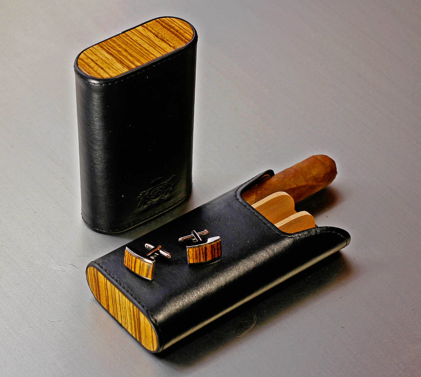 The "Show Band" 3 Cigar Case - Black Leather and Zebrawood (Flat Top)
