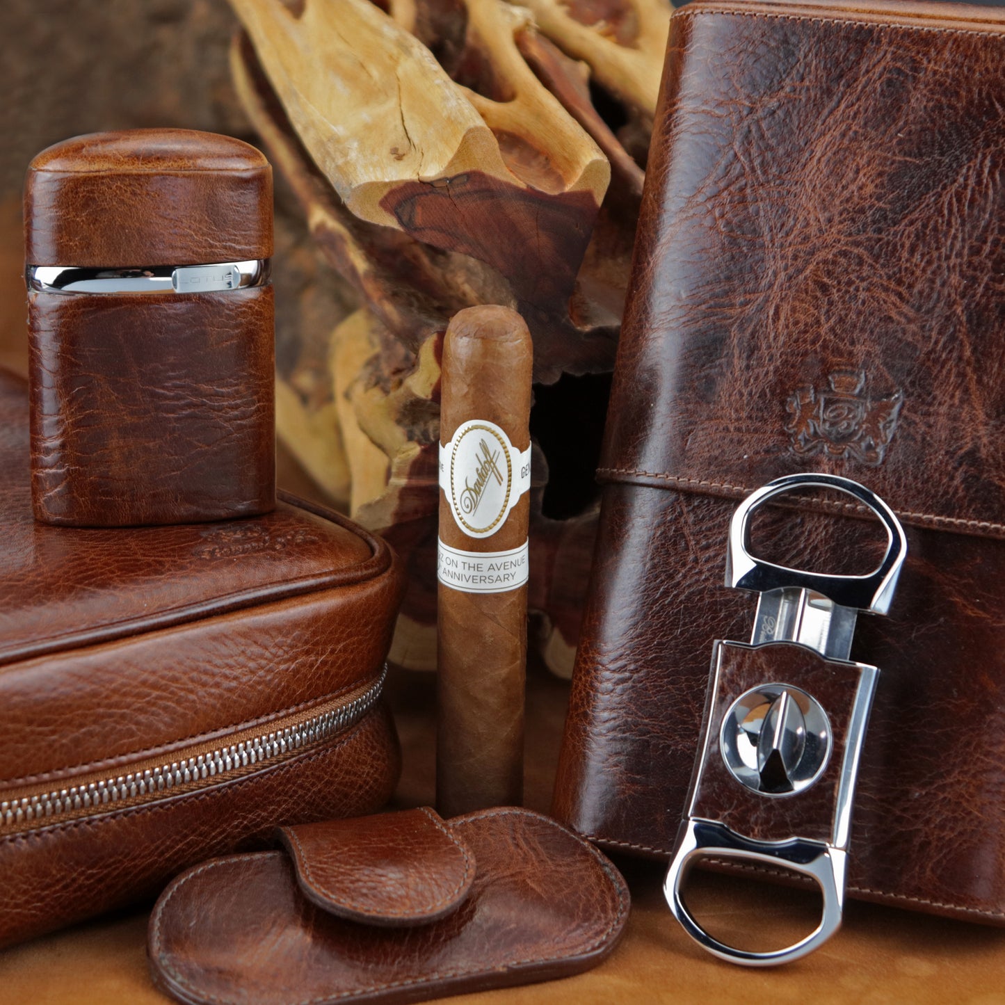 The "Triple Jet" Table Lighter - Antique Saddle Leather