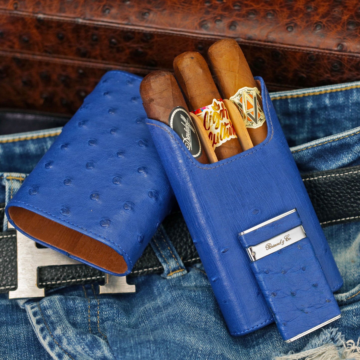 The "Show Band" 3 Cigar Case - Ostrich Blue