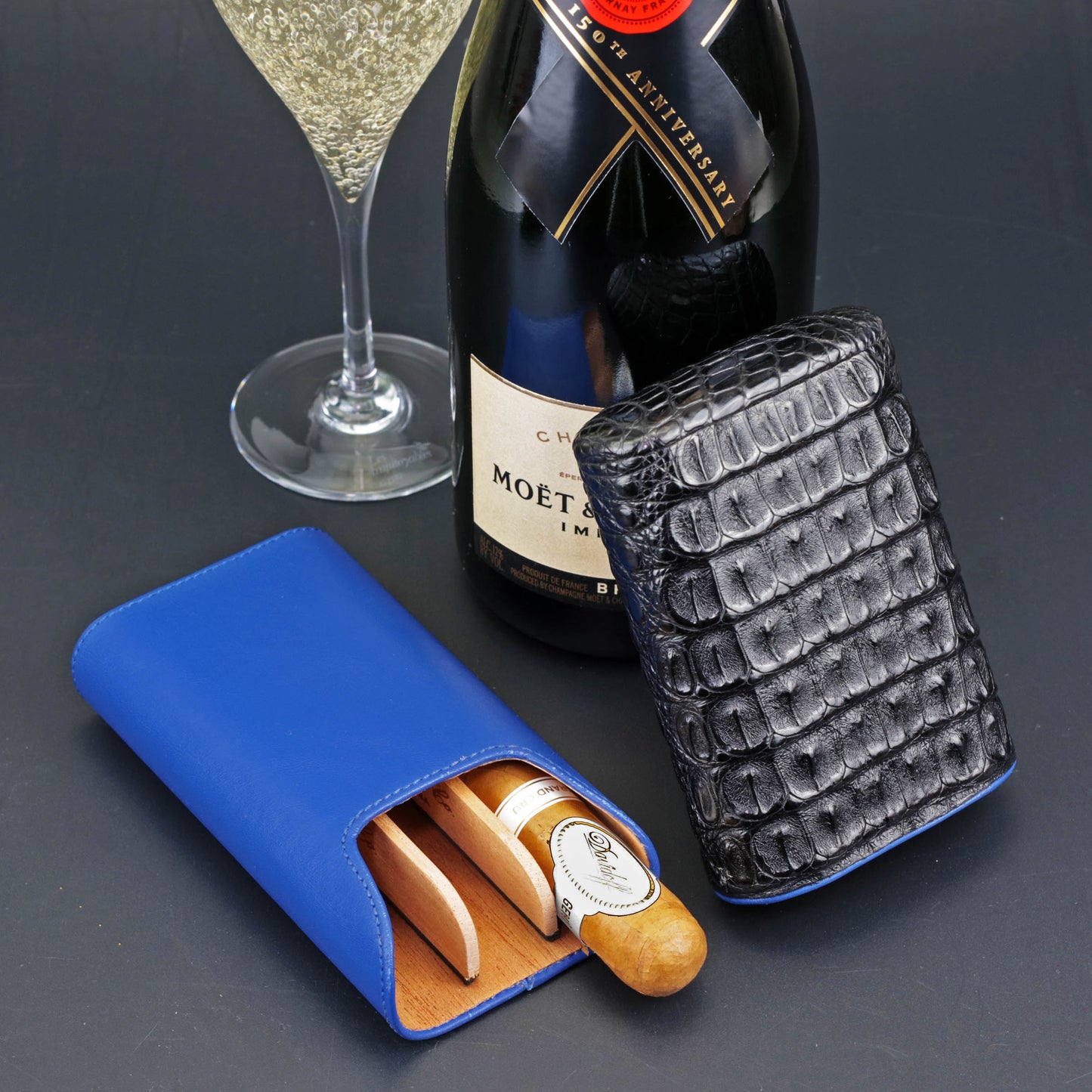 The "Show Band" 3 Cigar Case - Genuine Black Caiman Alligator and Blue Leather