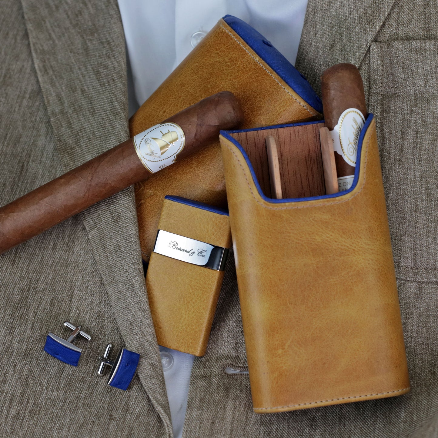The "Show Band" 3 Cigar Case - Blue Ostrich and Camel Color Leather