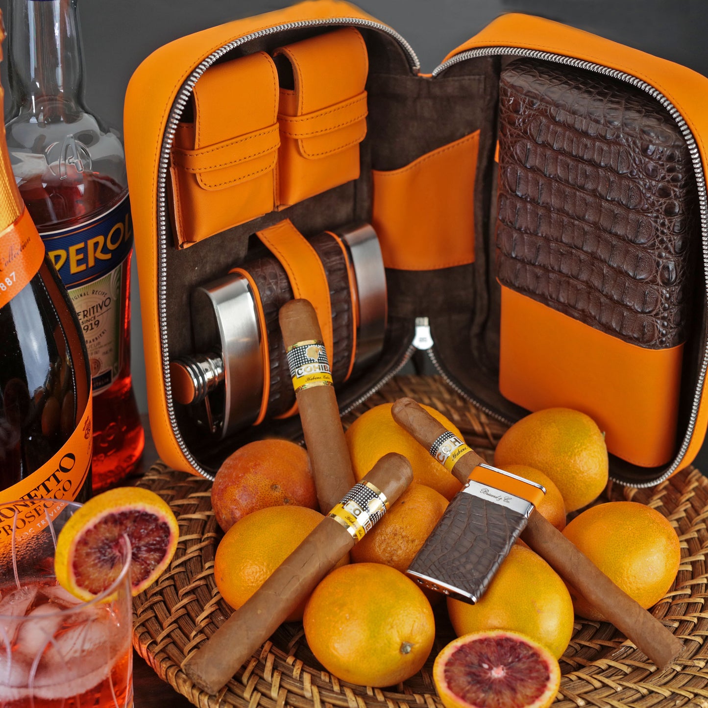 The "Sottile" Lighter - Genuine Tobacco Caiman Alligator and Orange Leather
