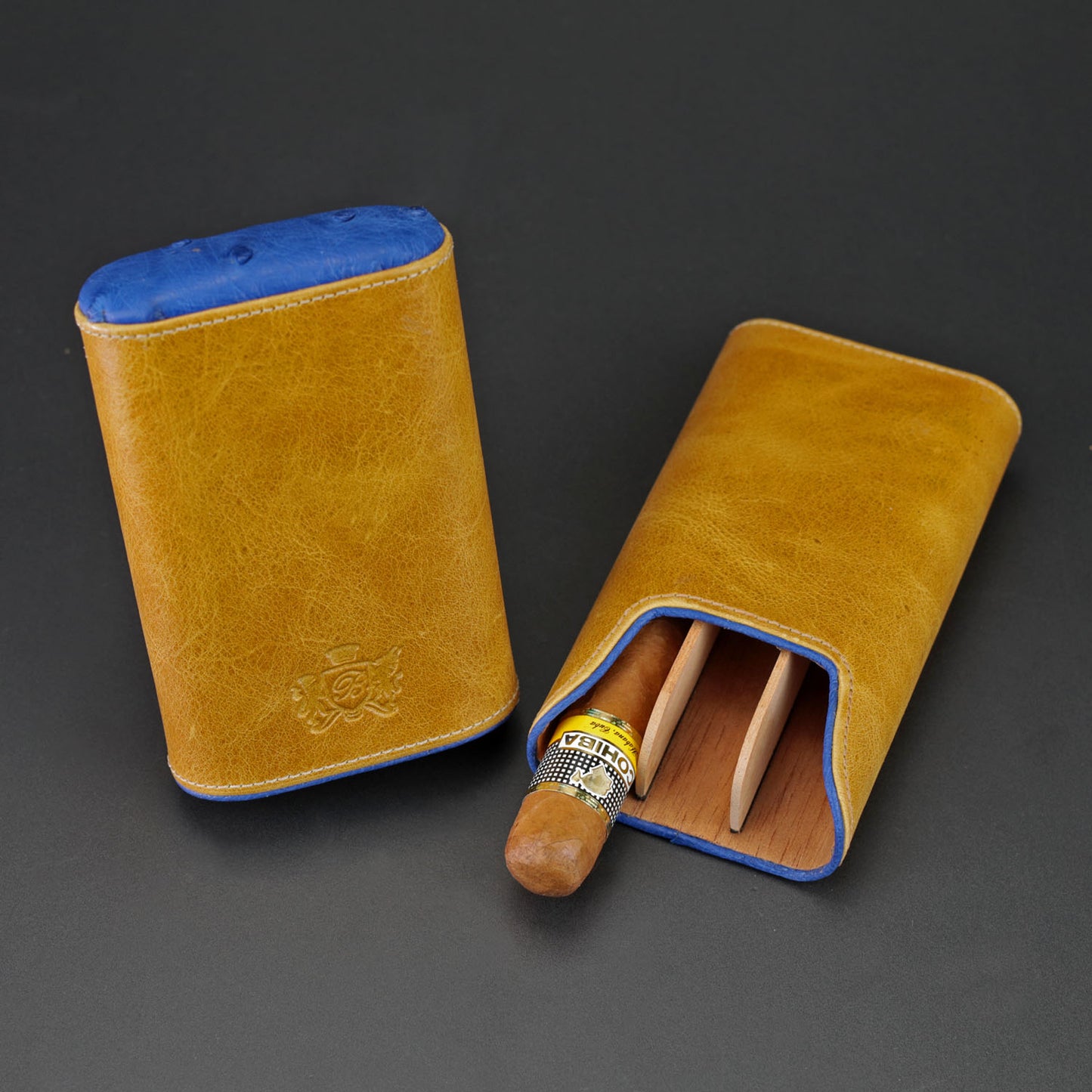 The "Show Band" 3 Cigar Case - Blue Ostrich and Camel Color Leather