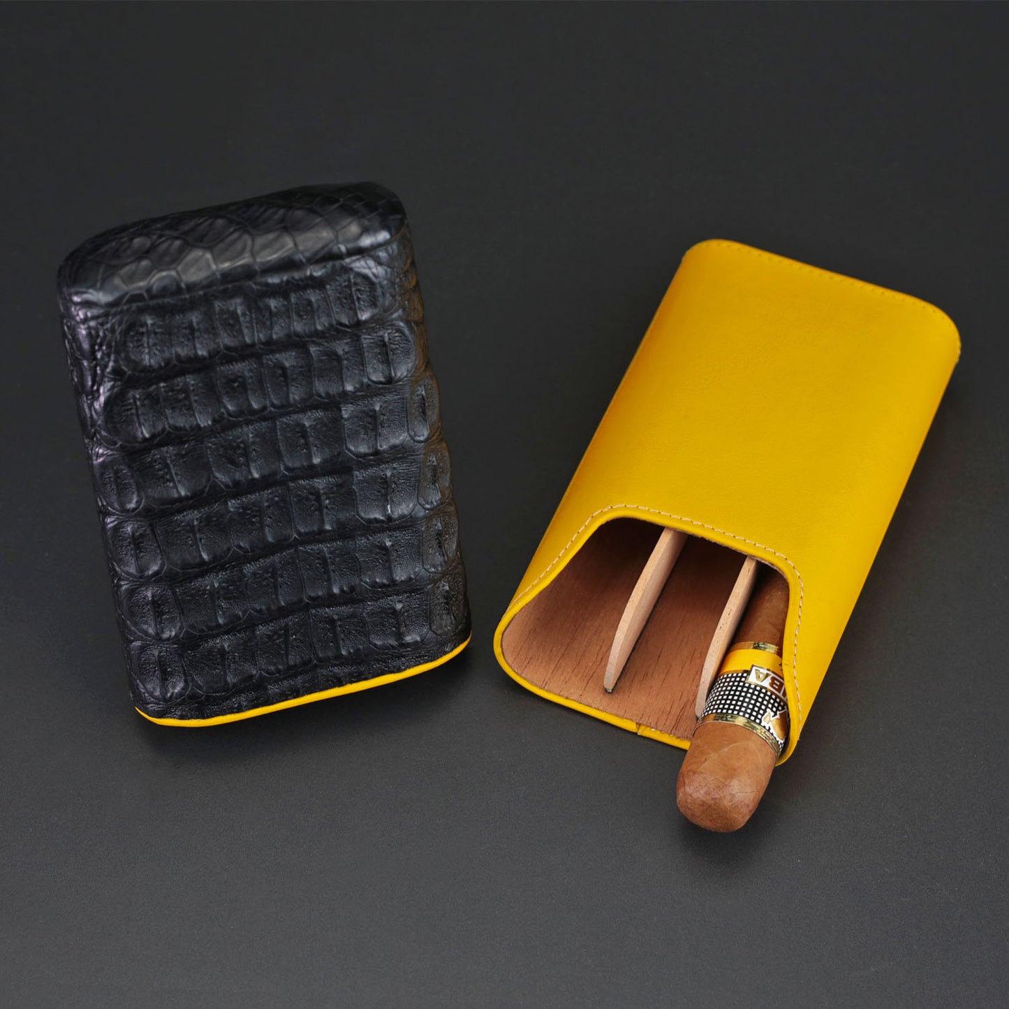 The "Show Band" 3 Cigar Case - Genuine Black Caiman Alligator and Yellow Leather