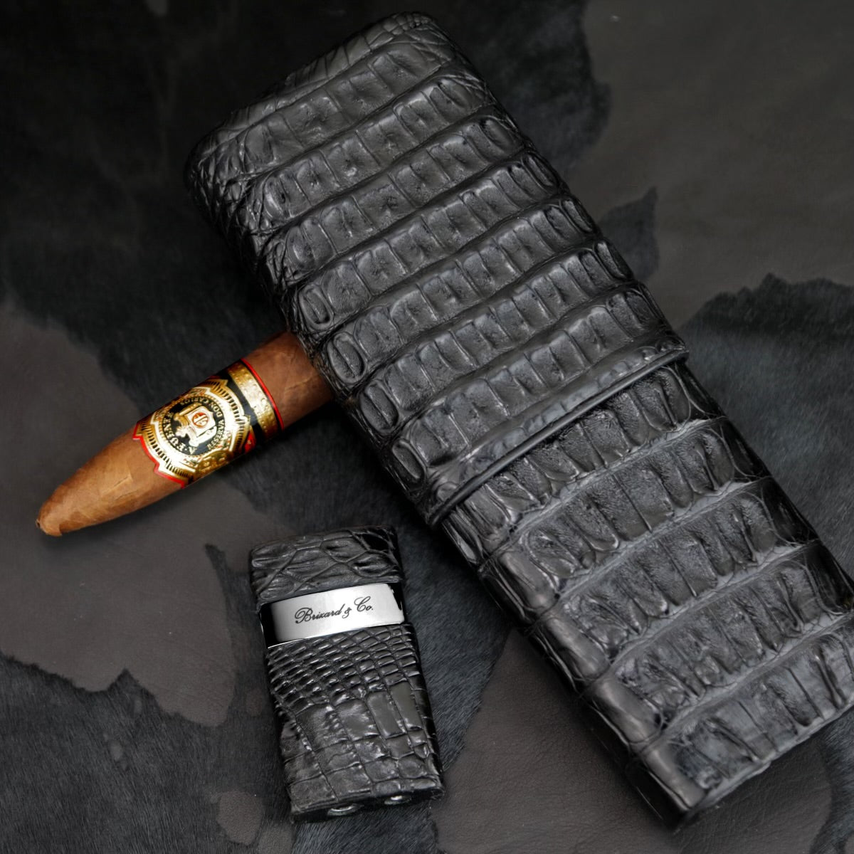 The "Show Band" 3 Cigar Case - Genuine Black Caiman Alligator