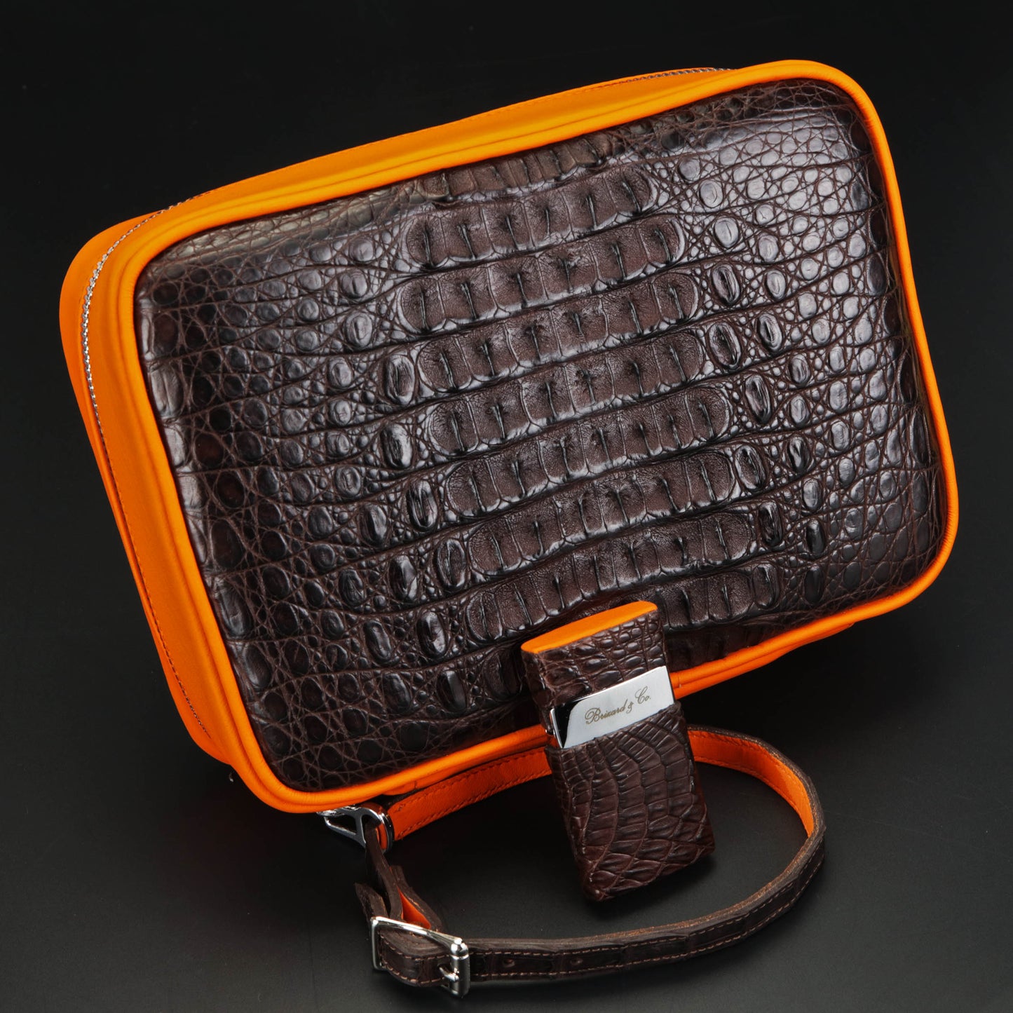 Venezia Lighter - Genuine Tobacco Caiman Alligator and Orange Leather