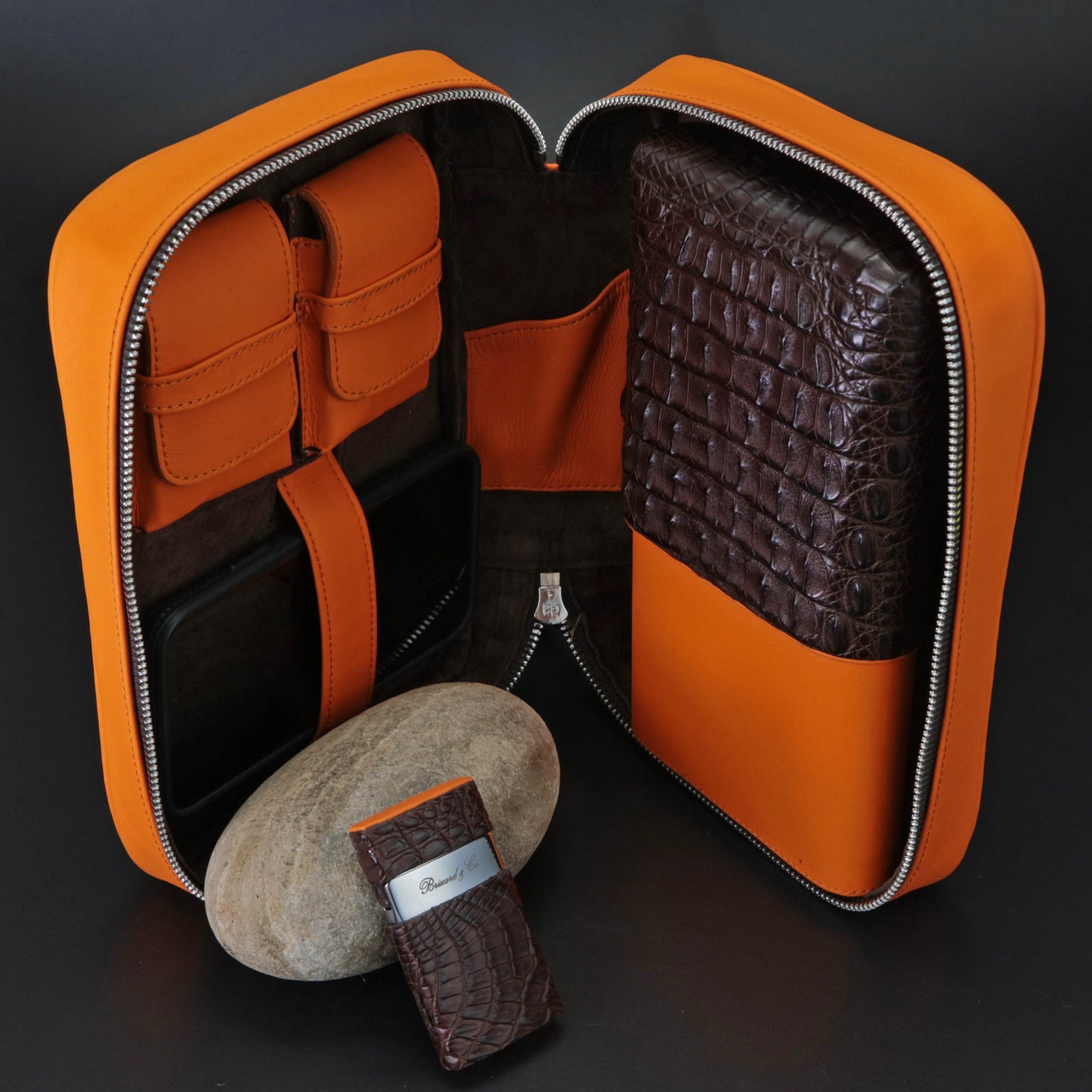 Havana Traveler - Genuine Tobacco Caiman Alligator and Orange Leather