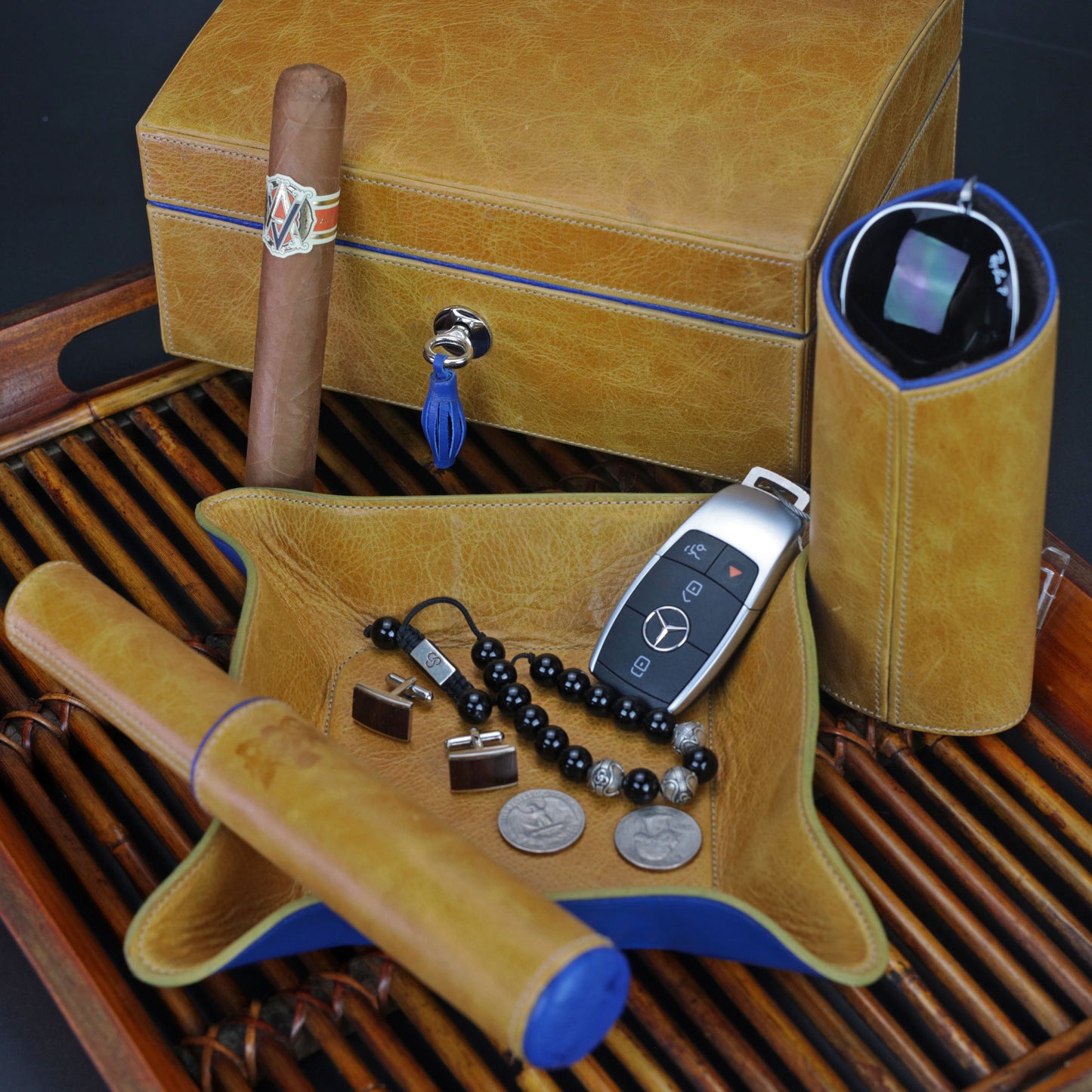 The Luxury Eyewear Stand - Blue and Camel Color Leather