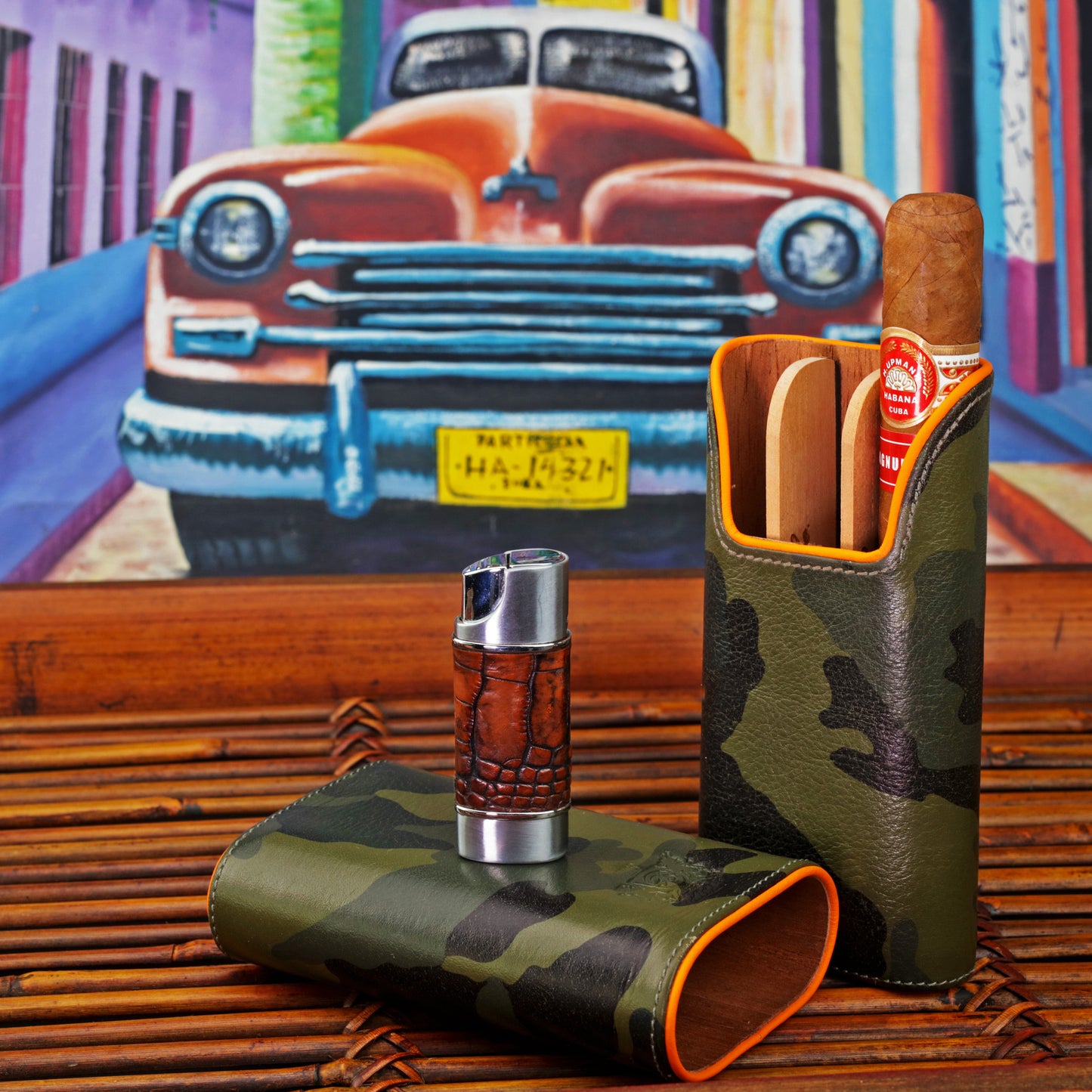 The "Show Band" 3 Cigar Case - Camouflage and Orange Leather
