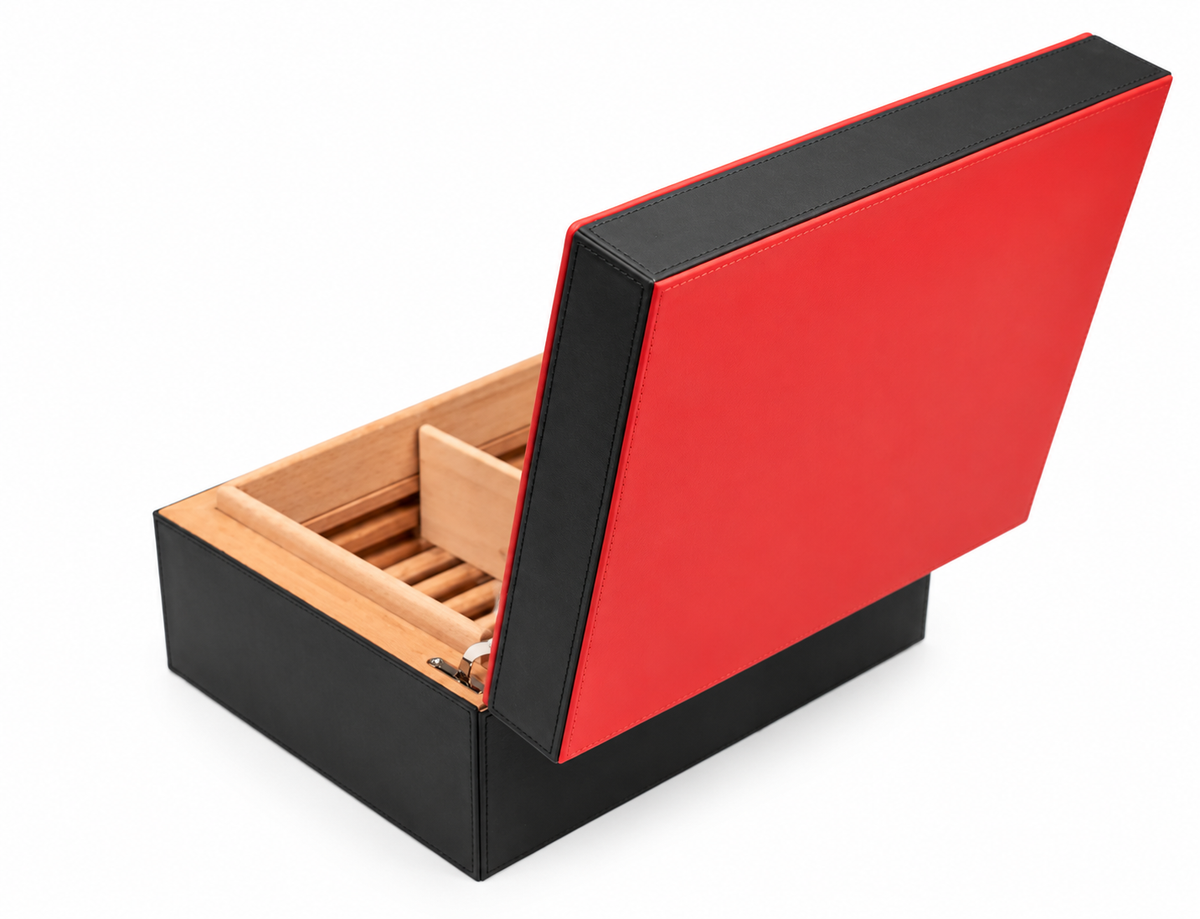 The "Airflow" Cigar Humidor - Black and Red Leather (60/70 Count)