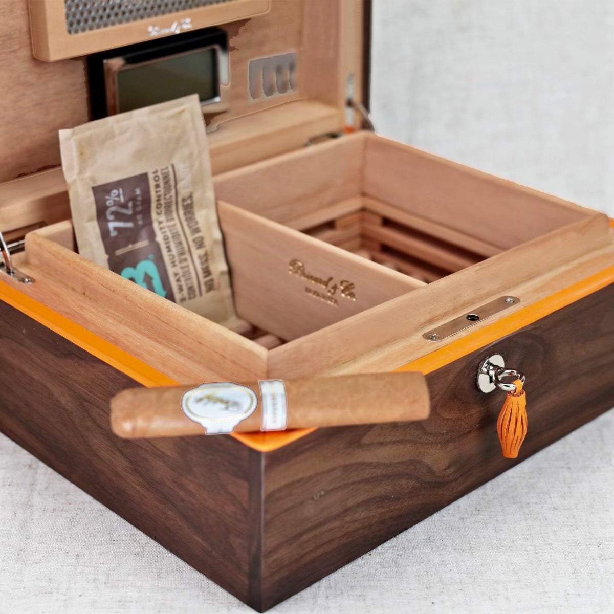 The "Curly Walnut and Orange Leather" Humidor (30/40 Count)