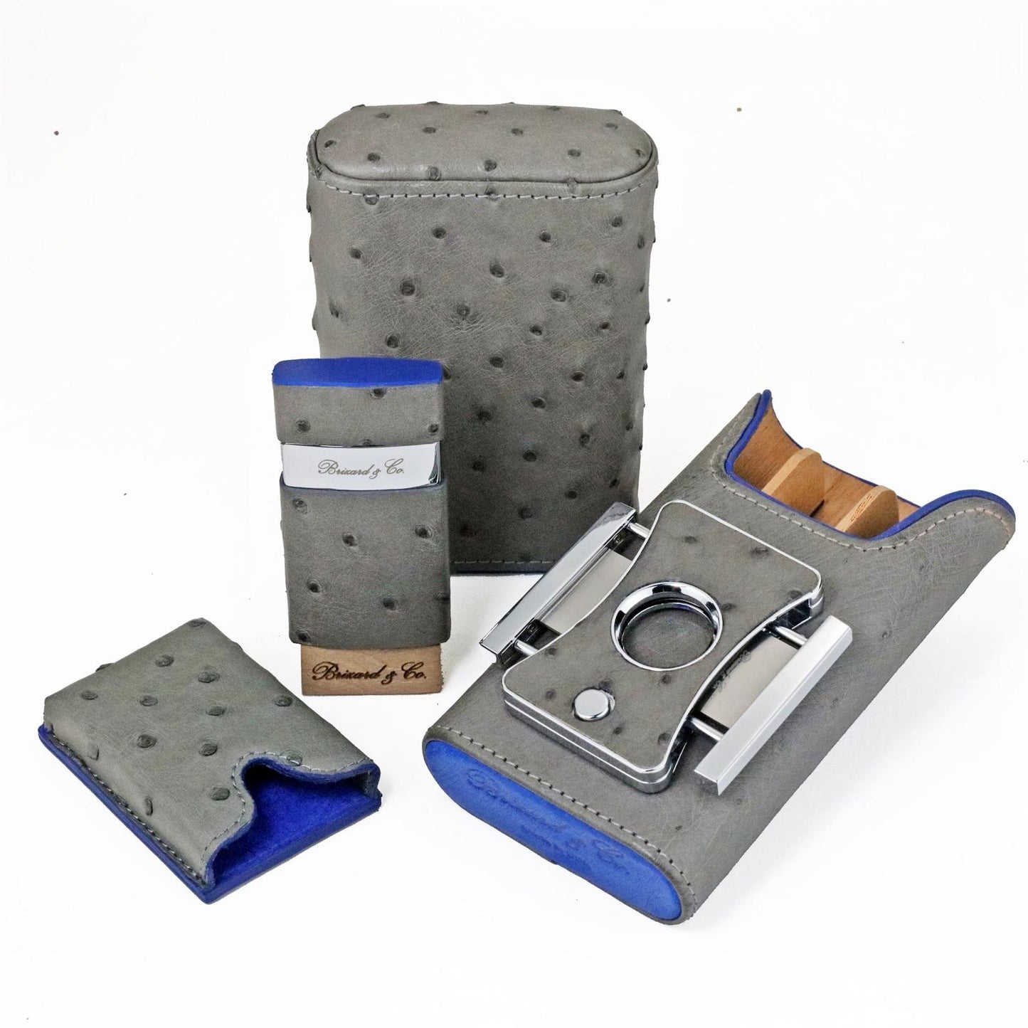 The "Show Band" 3 Cigar Case - Ostrich Gray and Blue