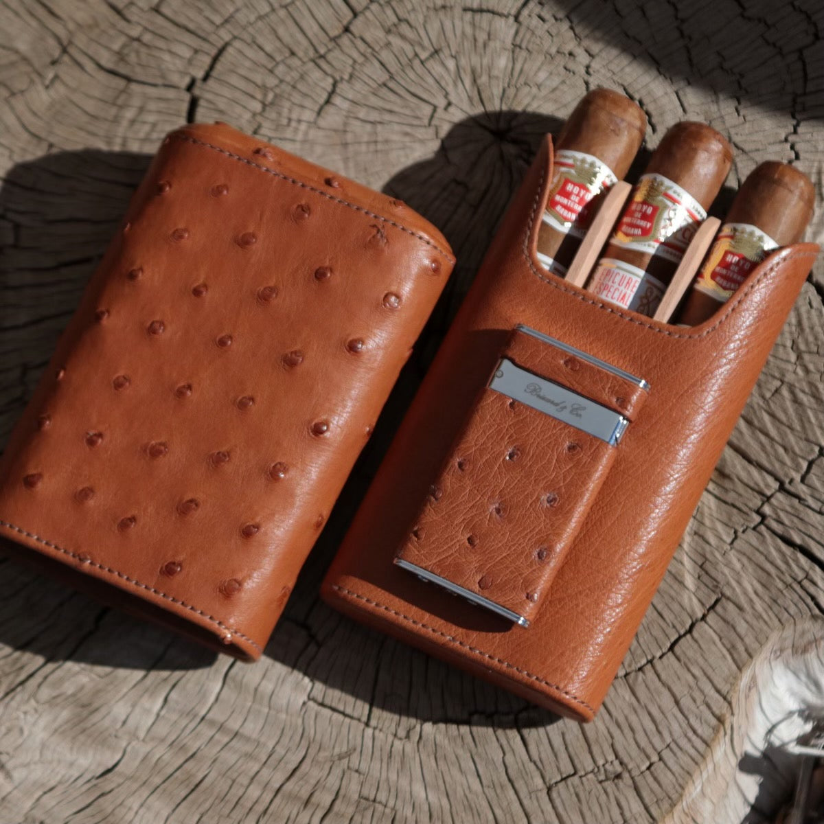 The "Show Band" 3 Cigar Case - Ostrich Cognac