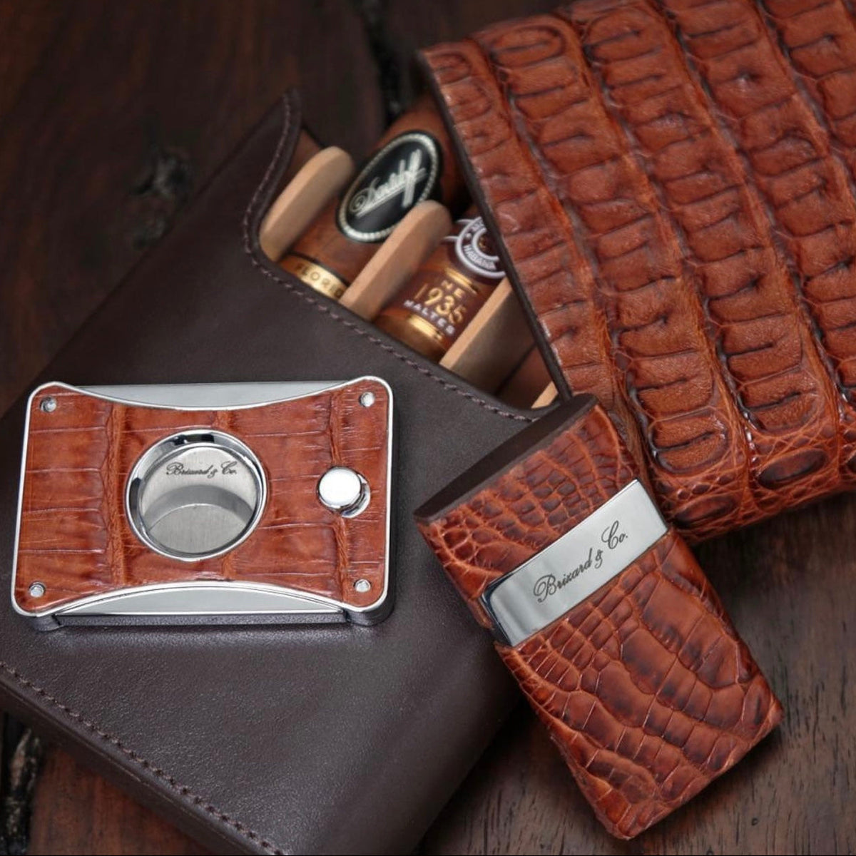 The "Show Band" 5 Cigar Case - Genuine Cognac Caiman Alligator and Coffee Leather