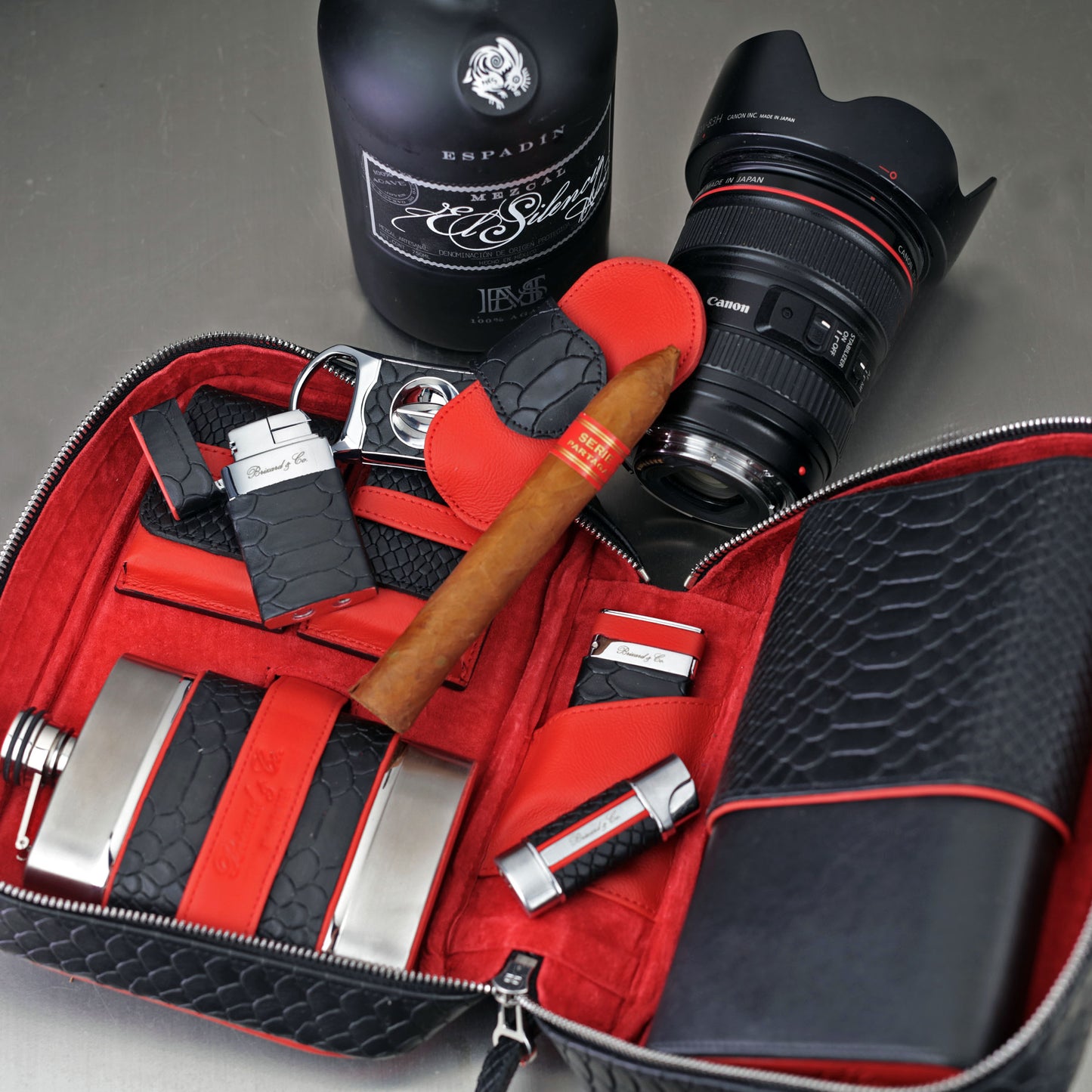 Havana Traveler - Black Python Pattern and Red Leather