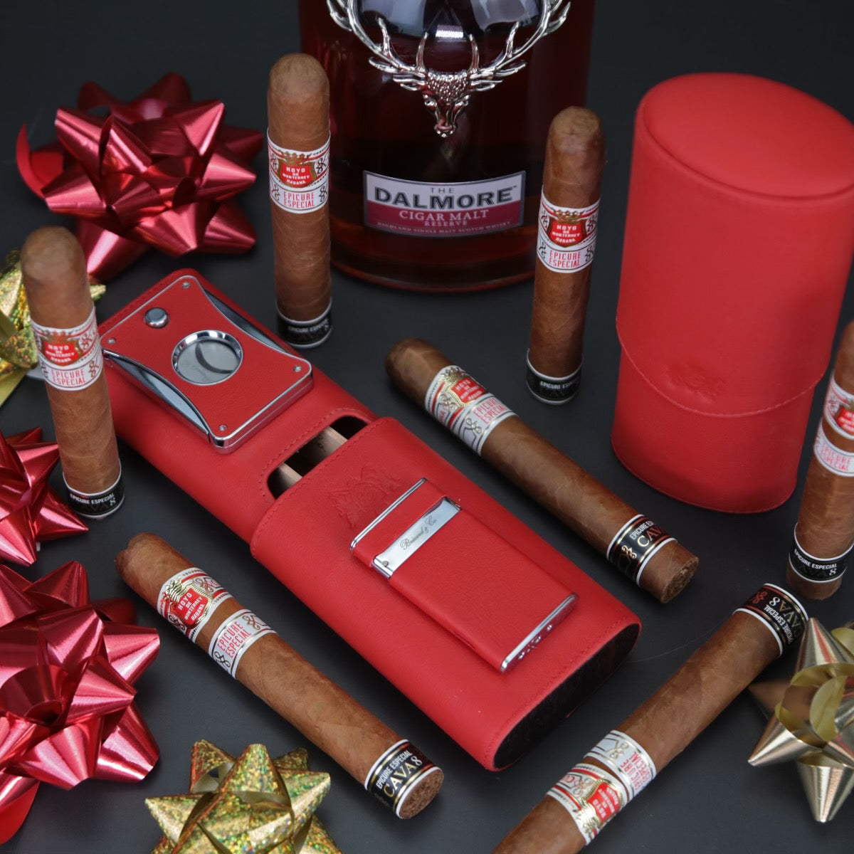 The "Show Band" 3 Cigar Case - Red Leather and Macassar Ebony (Flat Top)