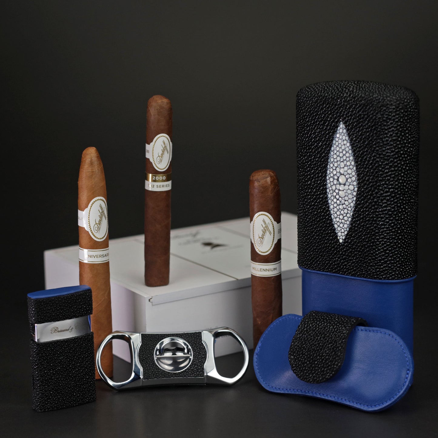 The "V" Cutter - Genuine Black Caiman Alligator and Blue Leather