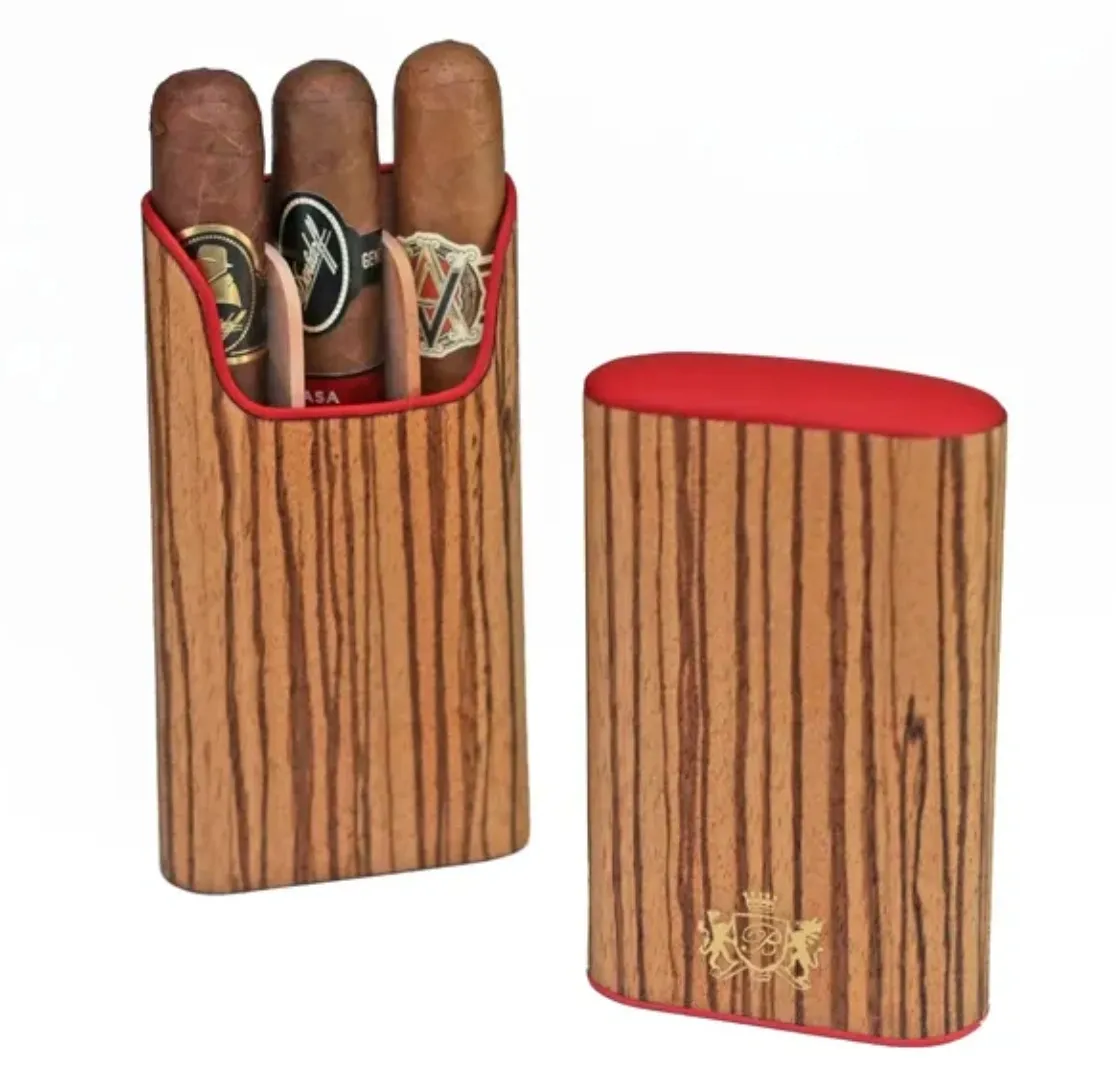 The "Show Band" 3 Cigar Case - Zebrawood and Red Leather