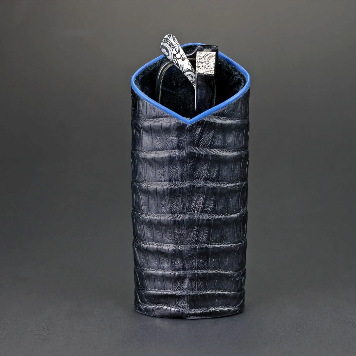 The Luxury Eyewear Stand - Genuine Black Caiman Alligator and Blue Leather