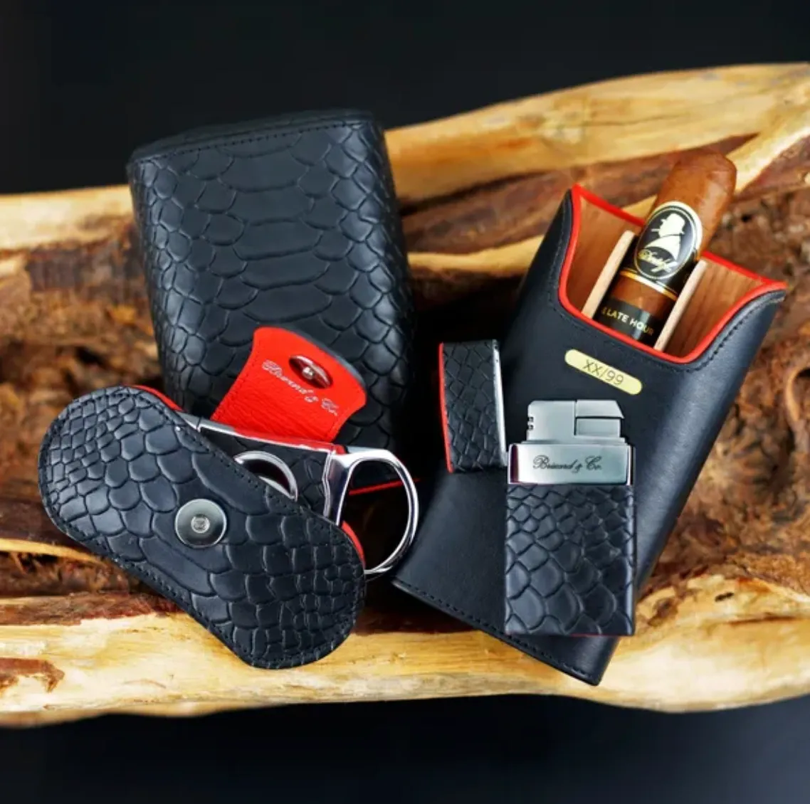 The "V" Cutter - Black Python Pattern and Red Leather