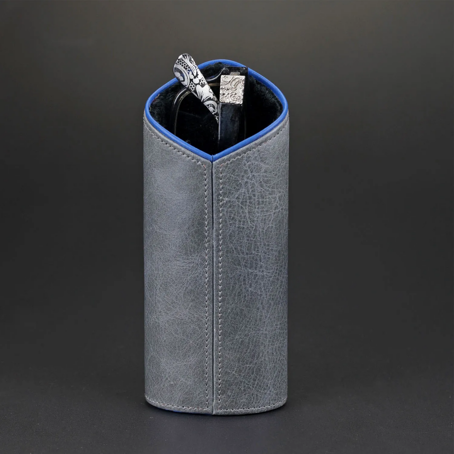 The Luxury Eyewear Stand - Blue and Gray Leather