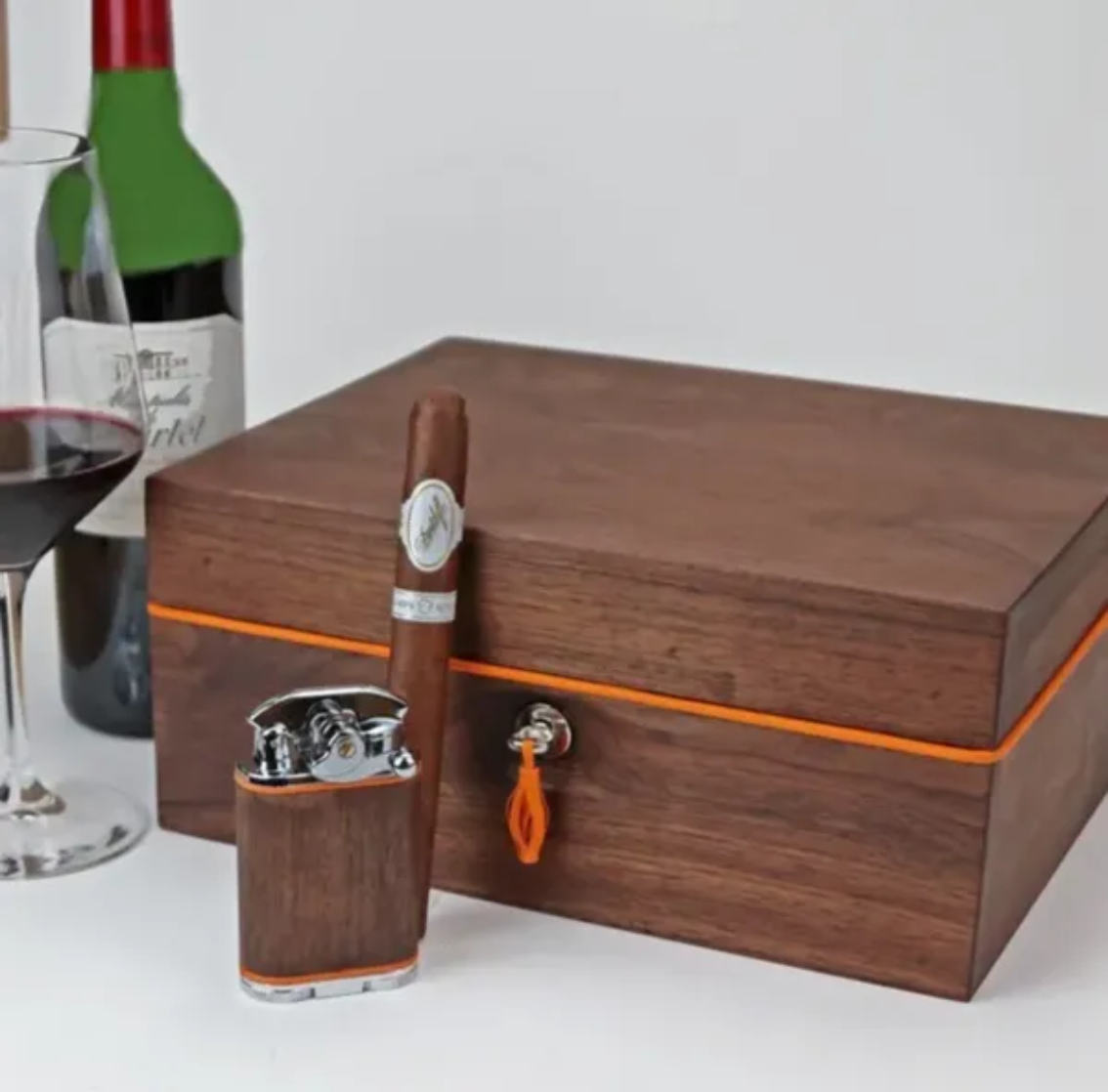 The "Curly Walnut and Orange Leather" Humidor (30/40 Count)