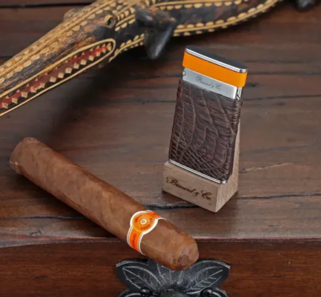 The "Sottile" Lighter - Genuine Tobacco Caiman Alligator and Orange Leather