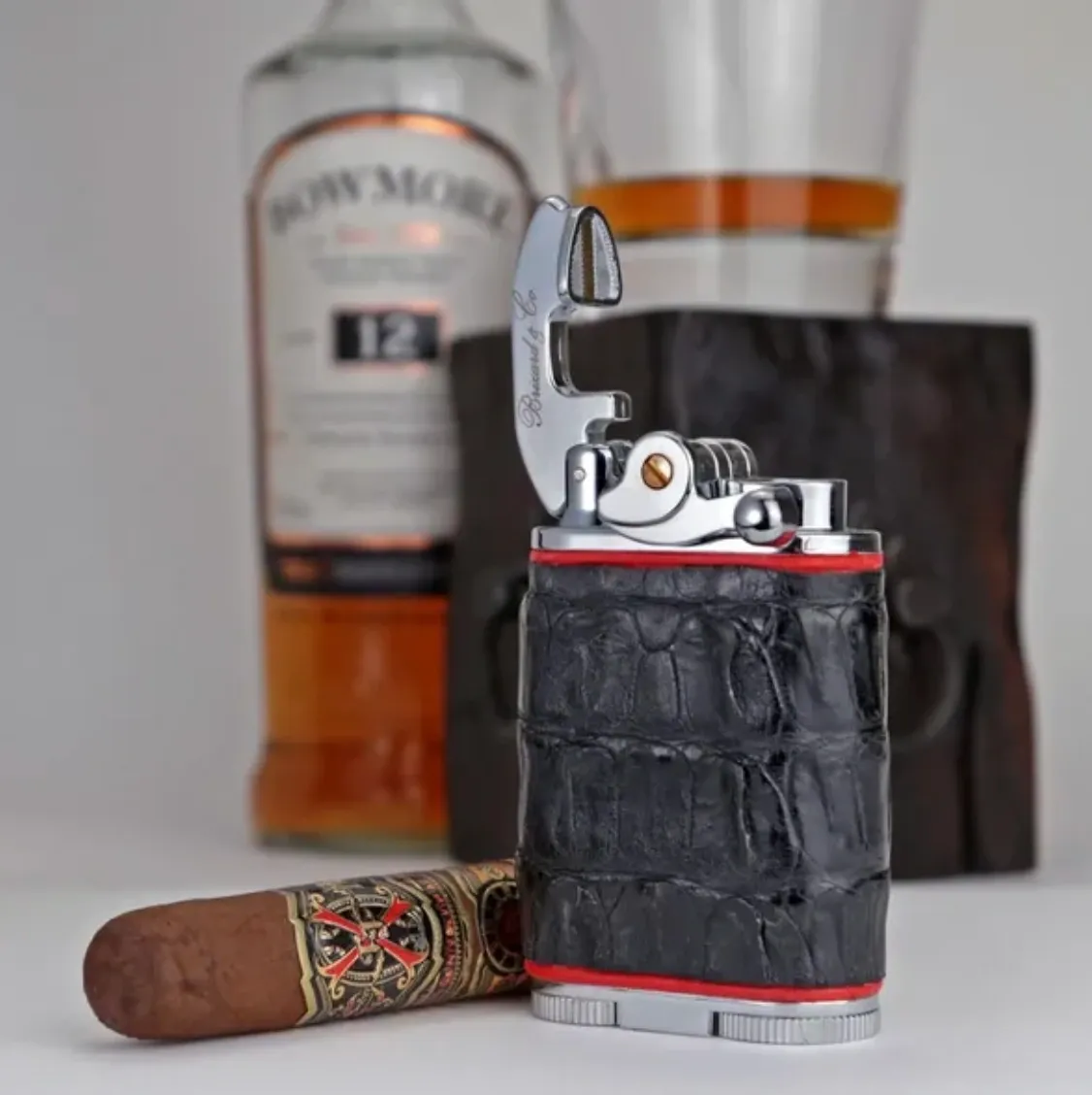 Gatsby Lighter - Genuine Black Caiman Alligator and Red
