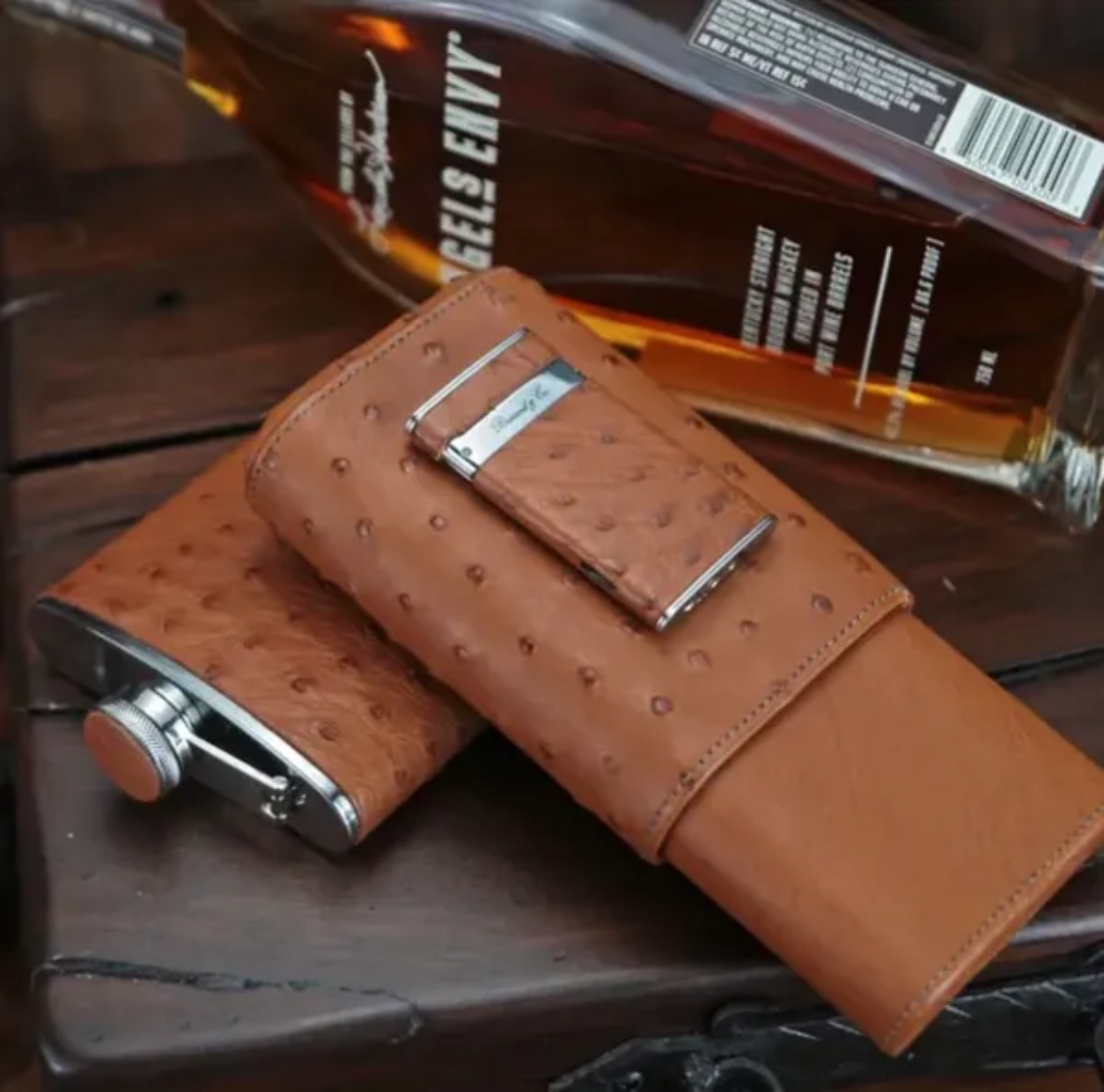 The "Show Band" 3 Cigar Case - Ostrich Cognac
