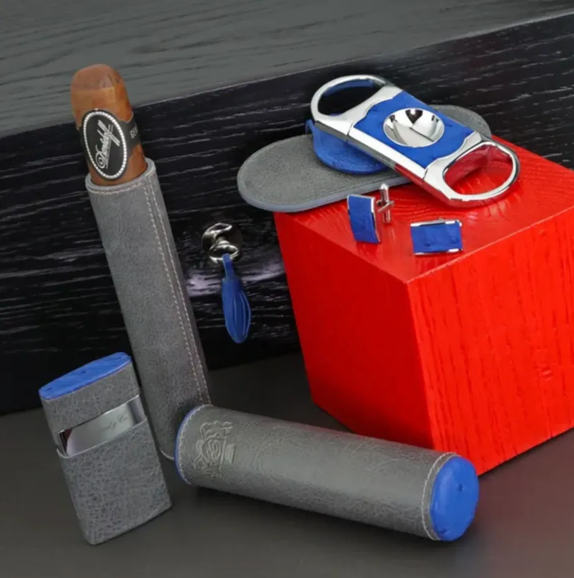 The "V" Cutter - Blue Ostrich and Gray Leather