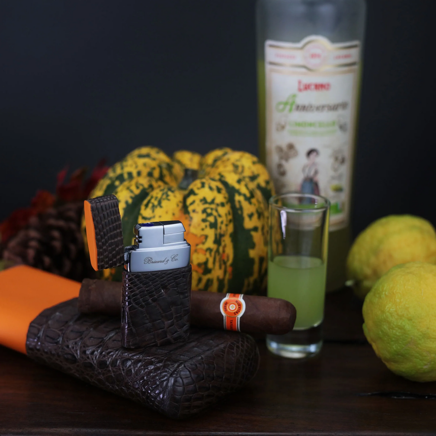 The "Show Band" 3 Cigar Case - Genuine Tobacco Caiman Alligator and Orange Leather