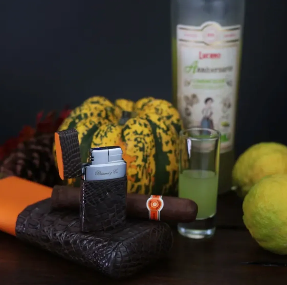 Venezia Lighter - Genuine Tobacco Caiman Alligator and Orange Leather