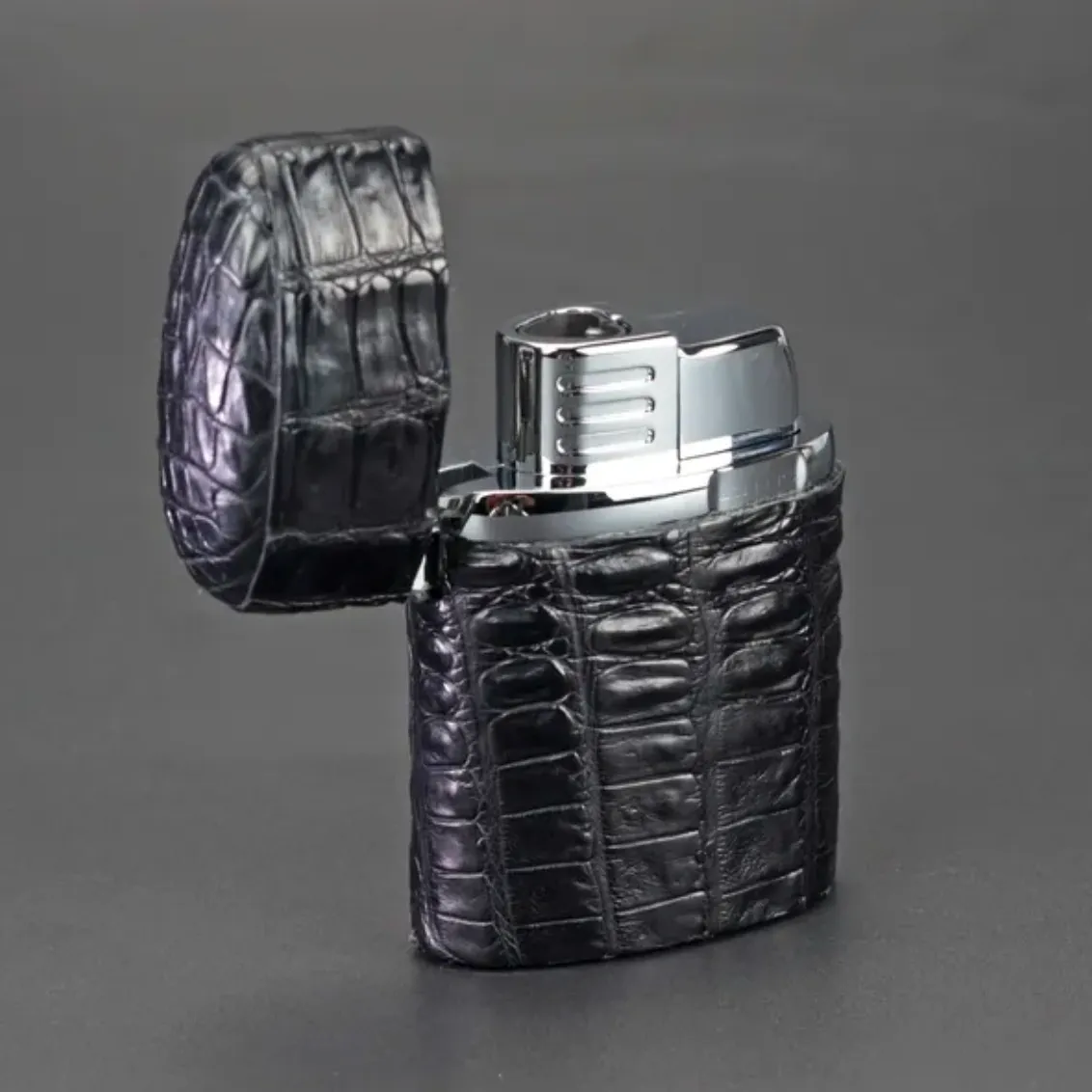 The "Triple Jet" Table Lighter - Genuine Black Caiman Alligator