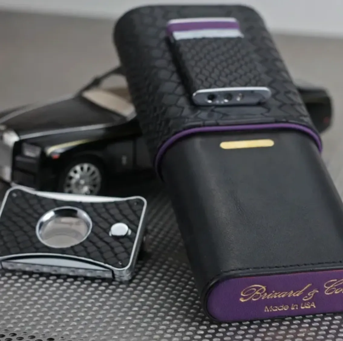 The "Show Band" 3 Cigar Case - Black Python Pattern and Purple Leather (Limited Edition)