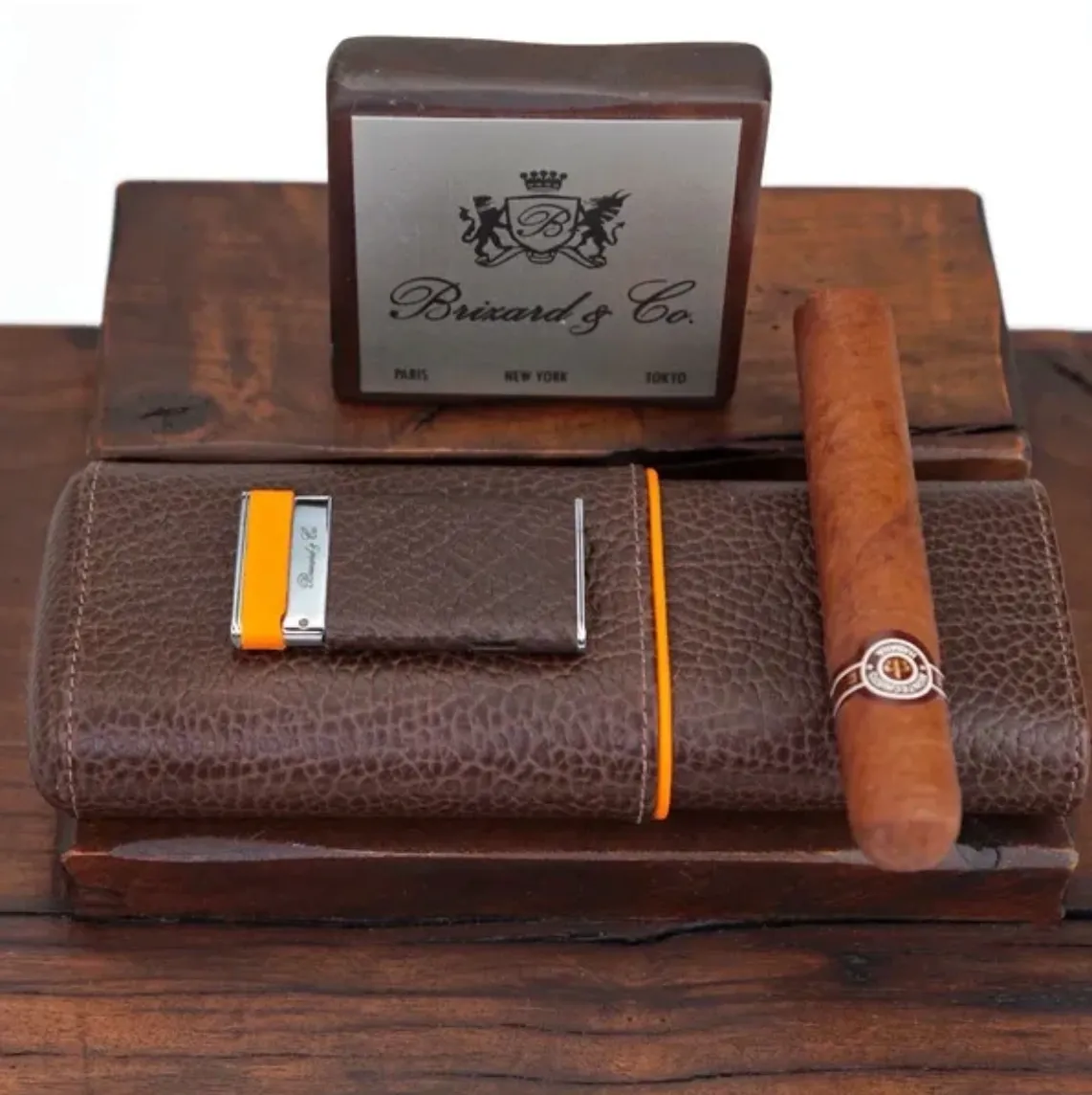 The "Show Band" 3 Cigar Case - Tobacco and Orange Full Grain Leather
