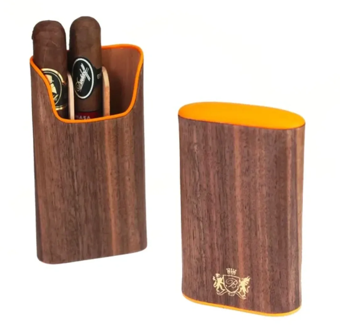 The "Show Band" 3 Cigar Case - Curly Walnut and Orange Leather