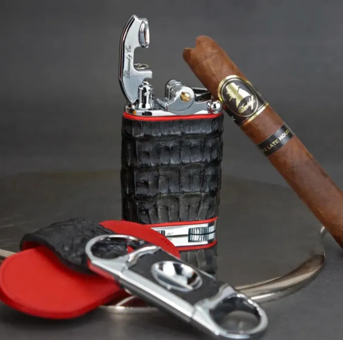 Gatsby Lighter - Genuine Black Caiman Alligator and Red
