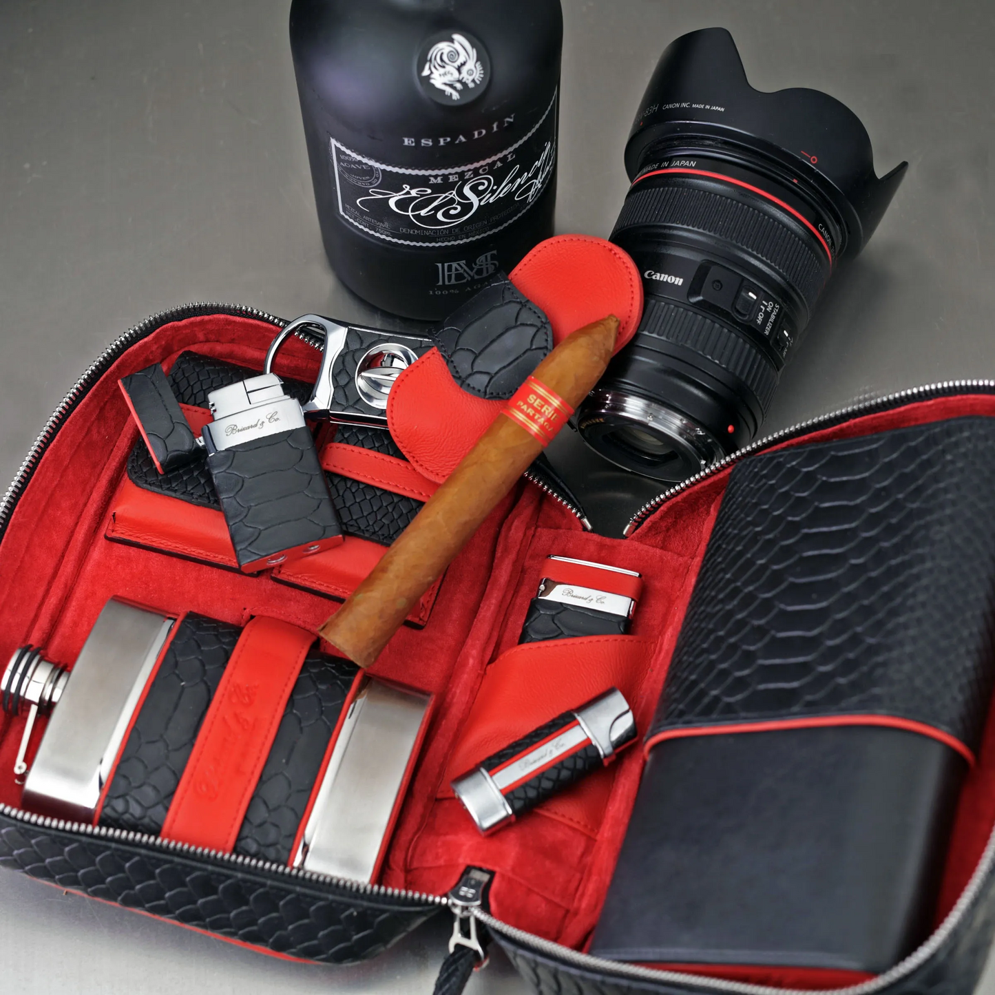 The "Nano" Lighter - Black Python Pattern and Red Leather