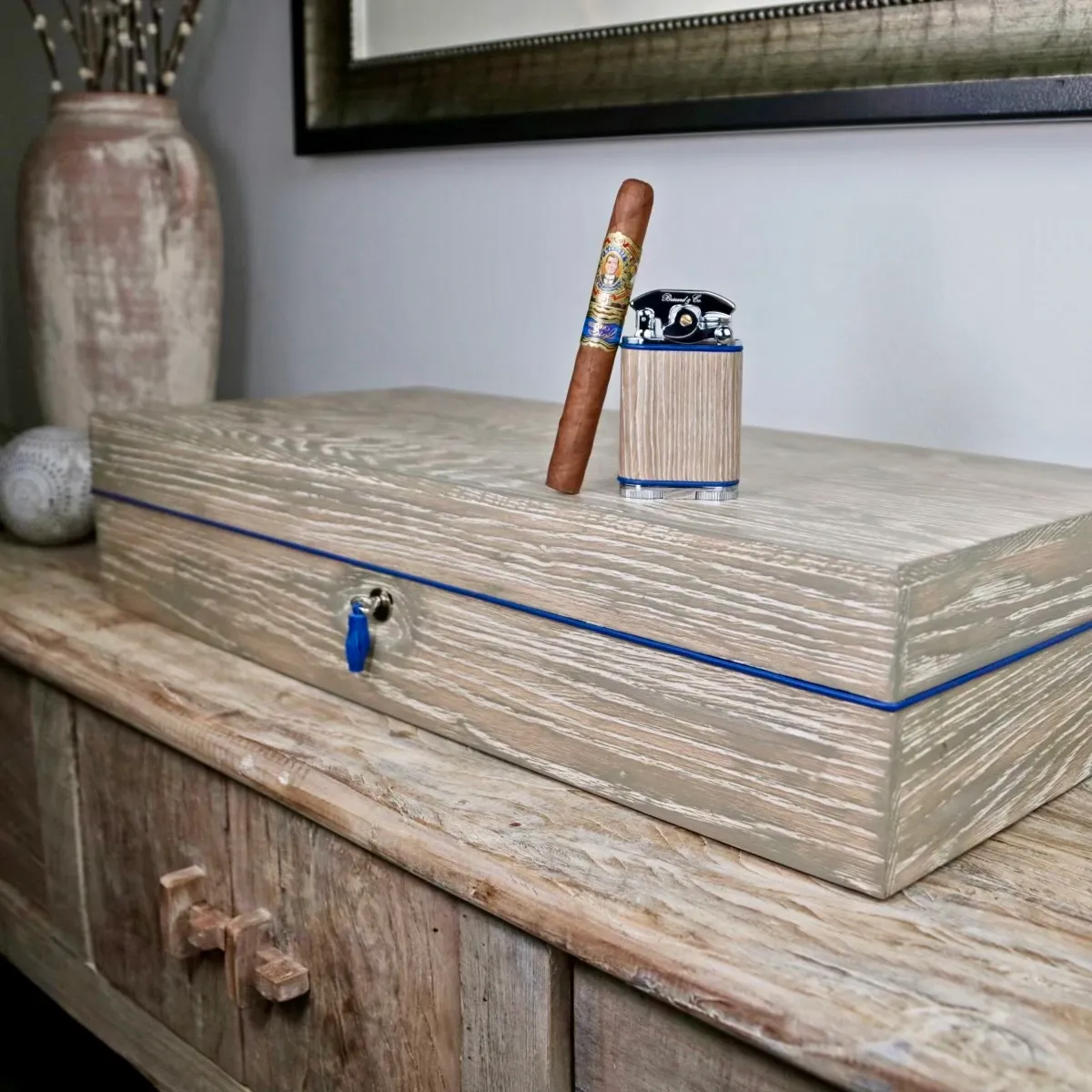 Gatsby Lighter - Bleached Oak Wood and Blue Leather