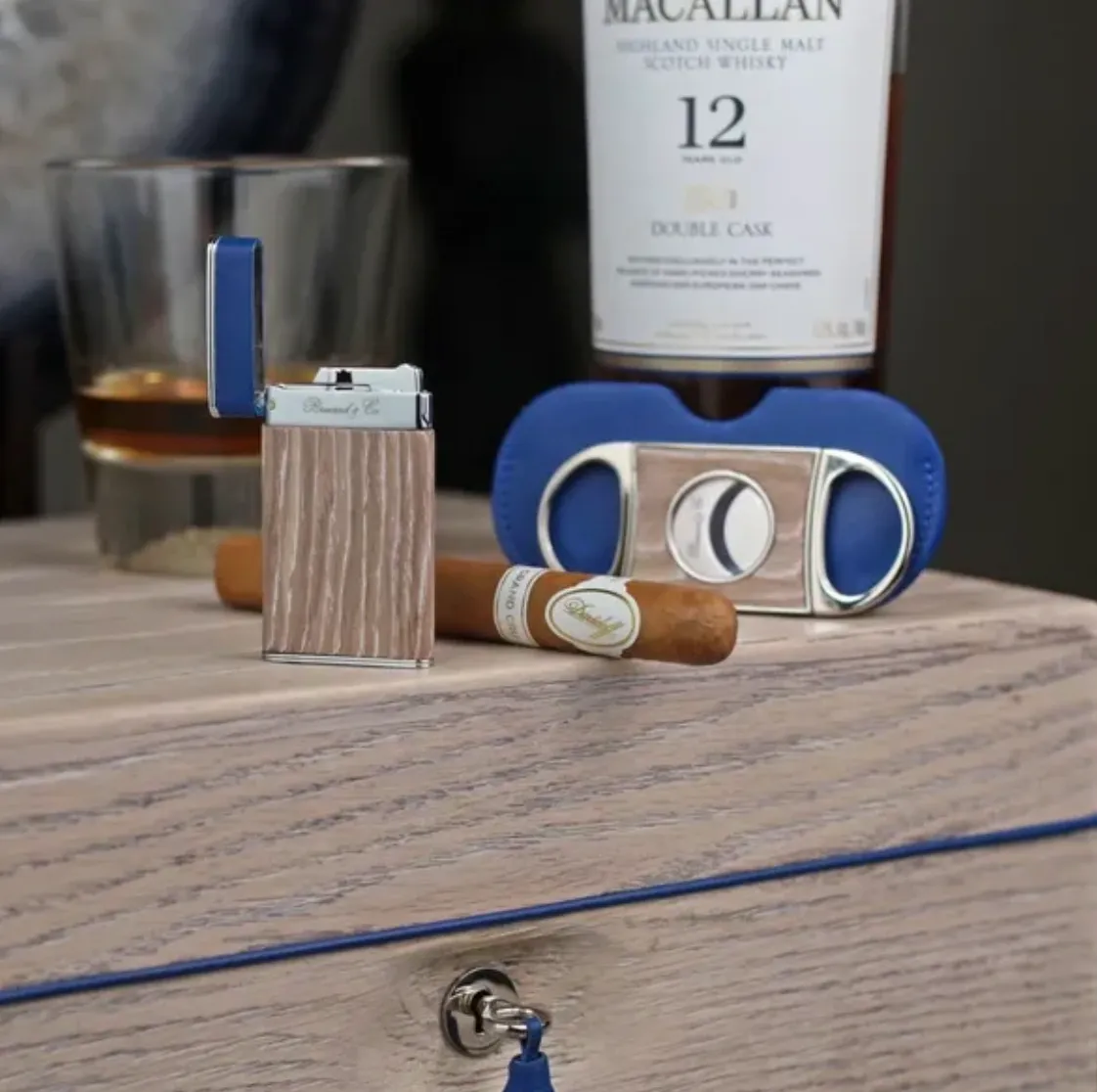 Double Guillotine Series 2 Cutter - Bleach Oak Wood and Blue Leather