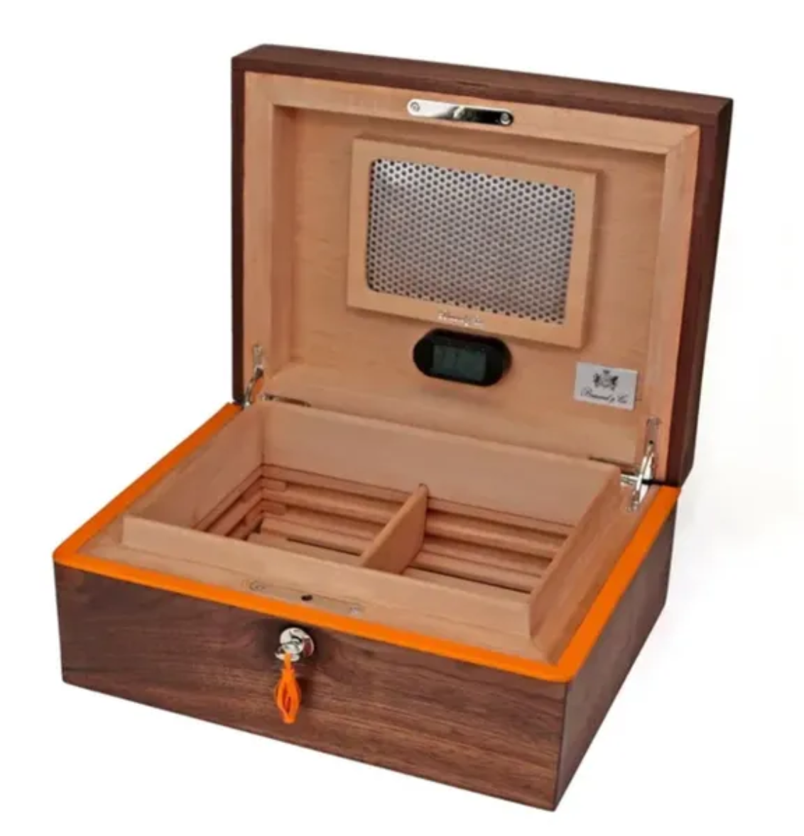 The "Curly Walnut and Orange Leather" Humidor (30/40 Count)