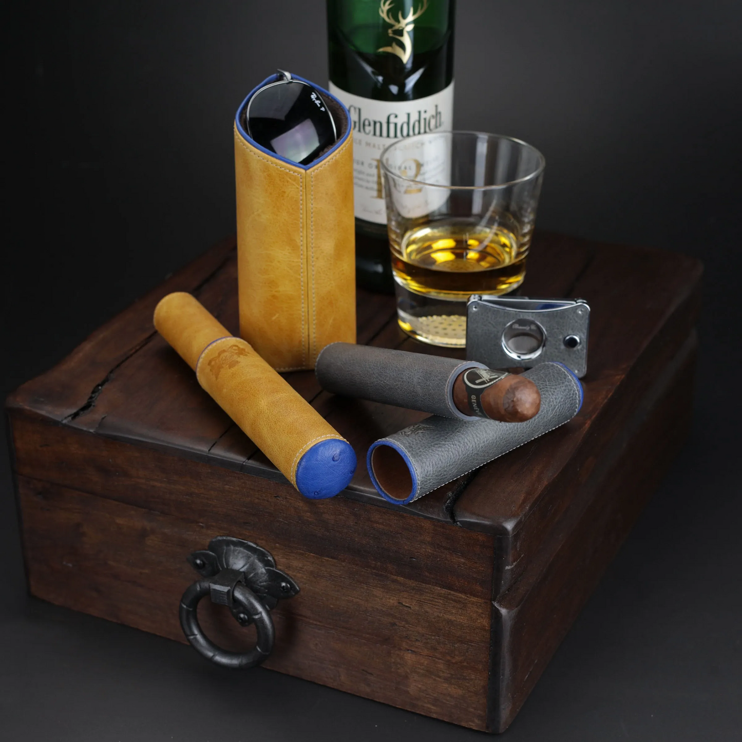 The Luxury Eyewear Stand - Blue and Camel Color Leather