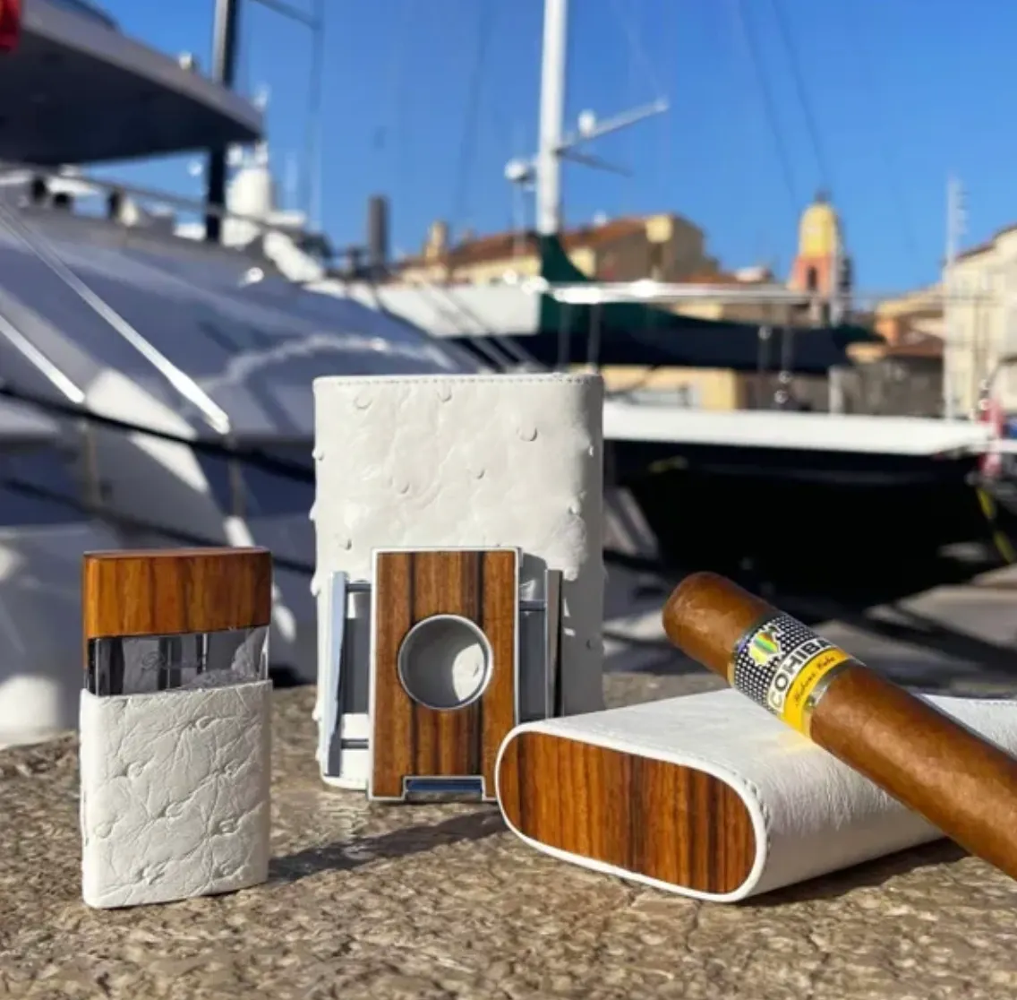 The "Show Band" 3 Cigar Case - White Ostrich Leather and Rosewood