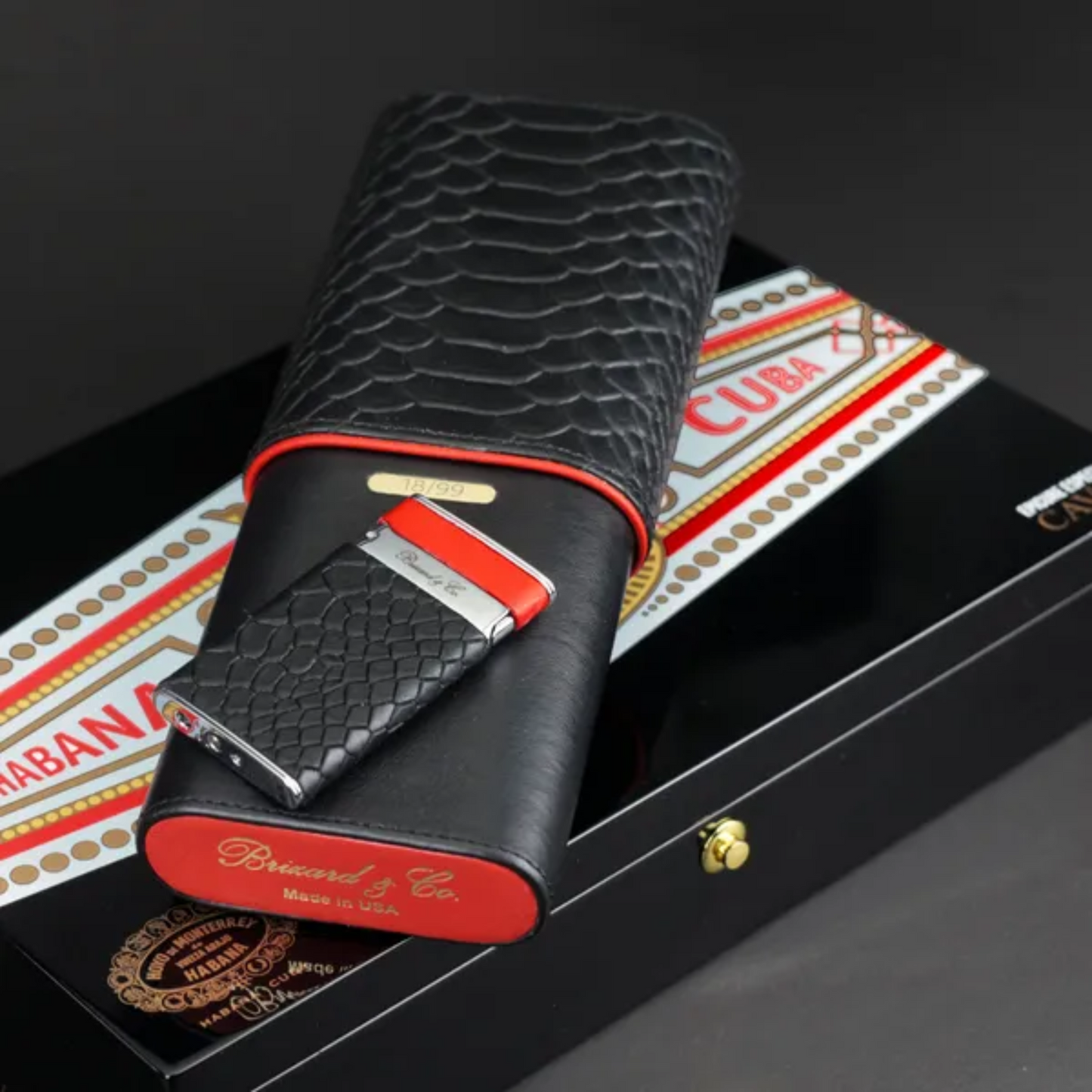 The "Sottile" Lighter - Black Python Pattern and Red Leather
