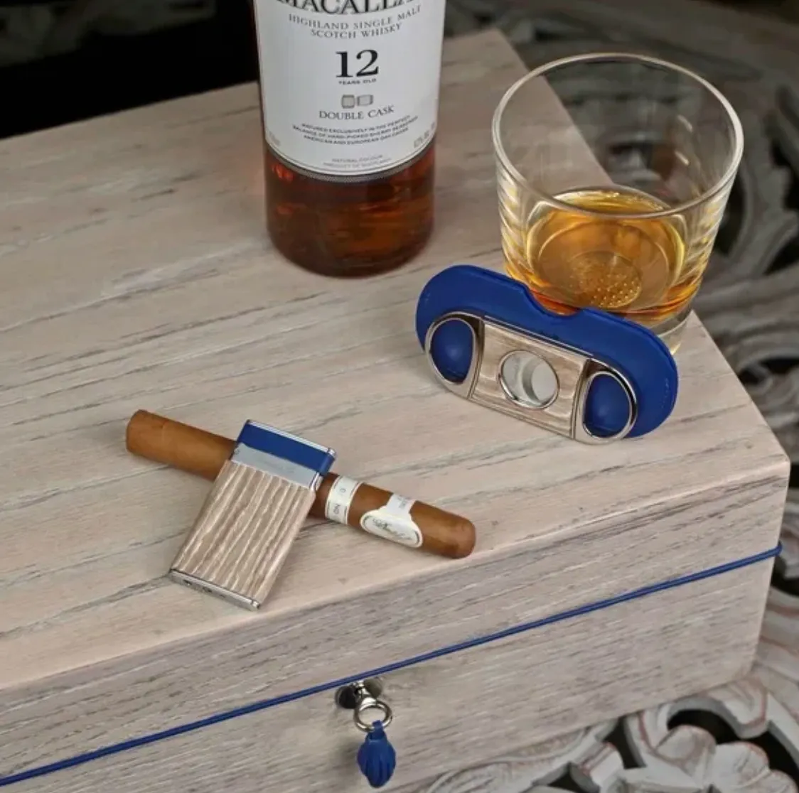Double Guillotine Series 2 Cutter - Bleach Oak Wood and Blue Leather
