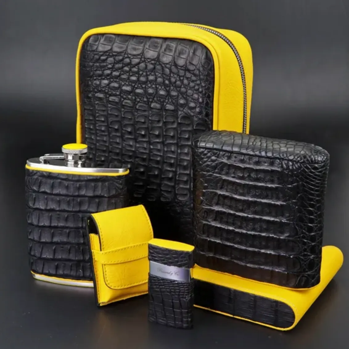 Venezia Lighter - Genuine Black Caiman Alligator and Yellow Leather