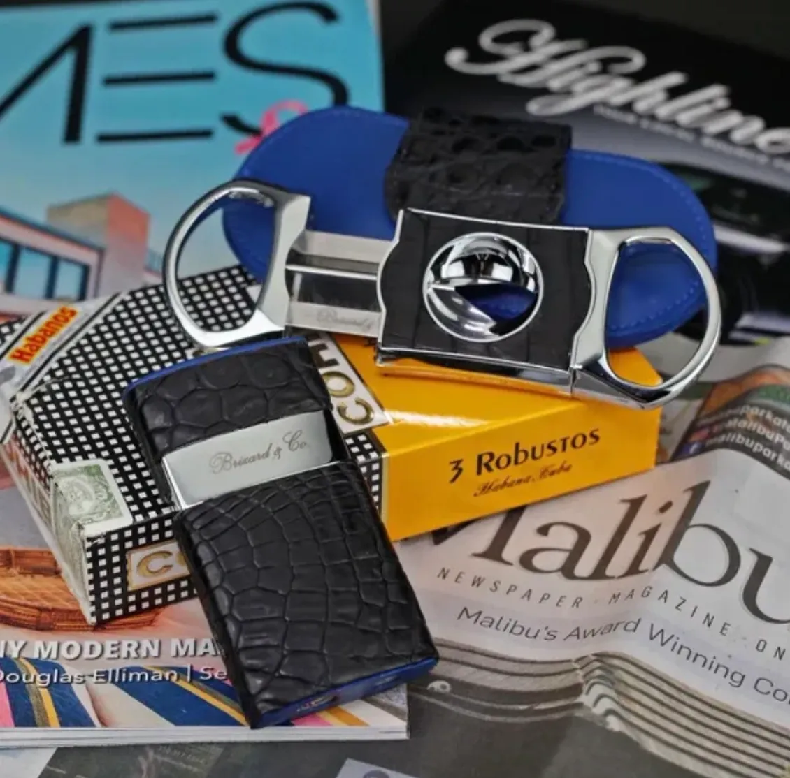 The "V" Cutter - Genuine Black Caiman Alligator and Blue Leather