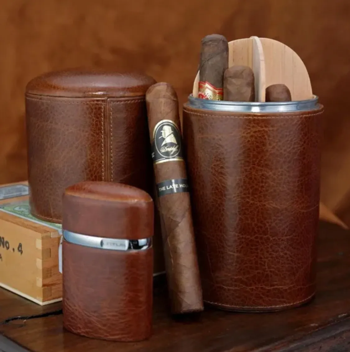 The "Triple Jet" Table Lighter - Antique Saddle Leather