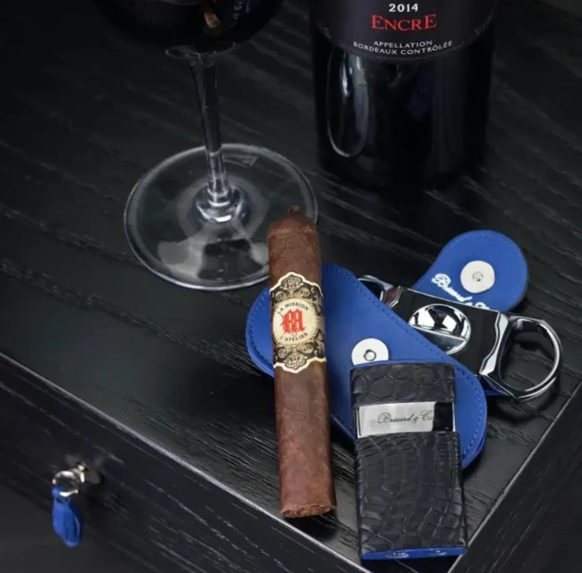 Venezia Lighter - Genuine Black Caiman Alligator and Blue Leather