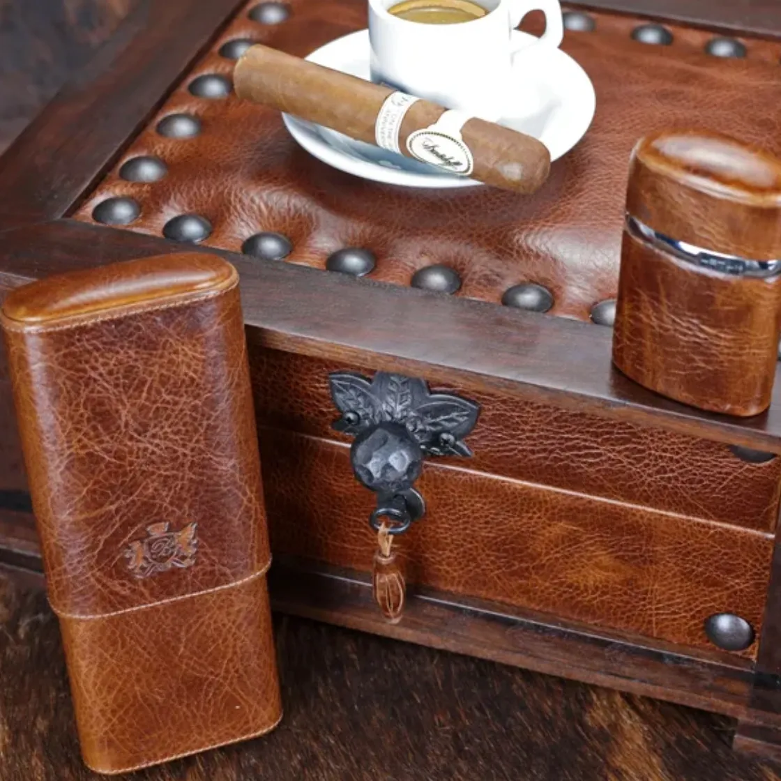 The "Triple Jet" Table Lighter - Antique Saddle Leather